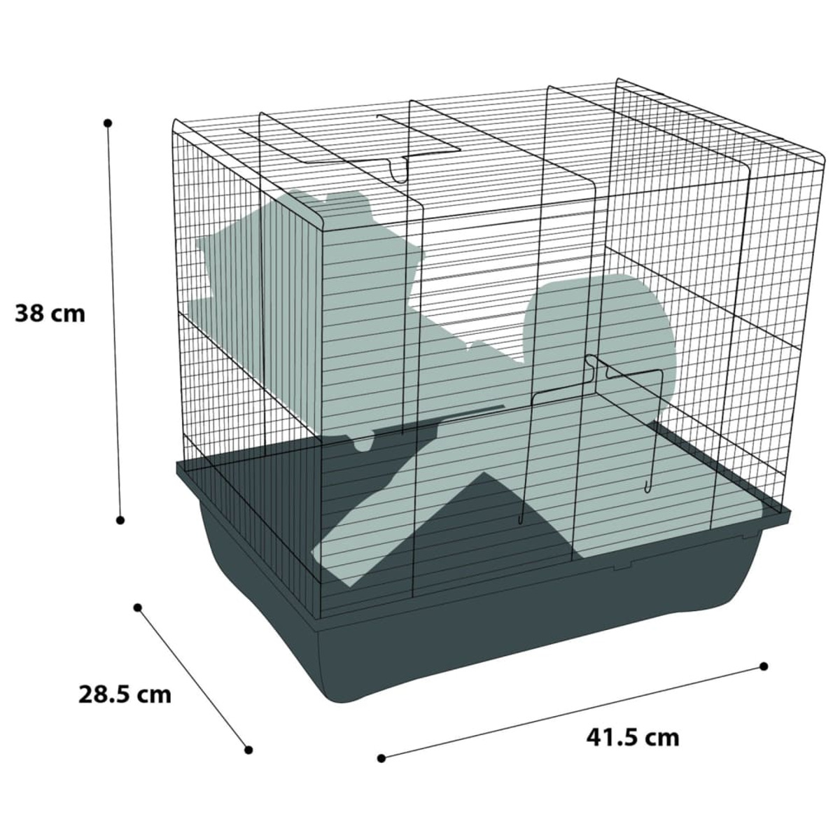 Ein Hamsterkäfig mit Maßen. Der Käfig hat eine Basis, eine Drahtoberseite und eine interne Struktur.