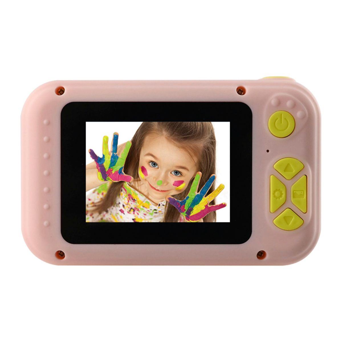 Una cámara rosa para niños con una pantalla que muestra a un niño con pintura colorida en manos y cara.