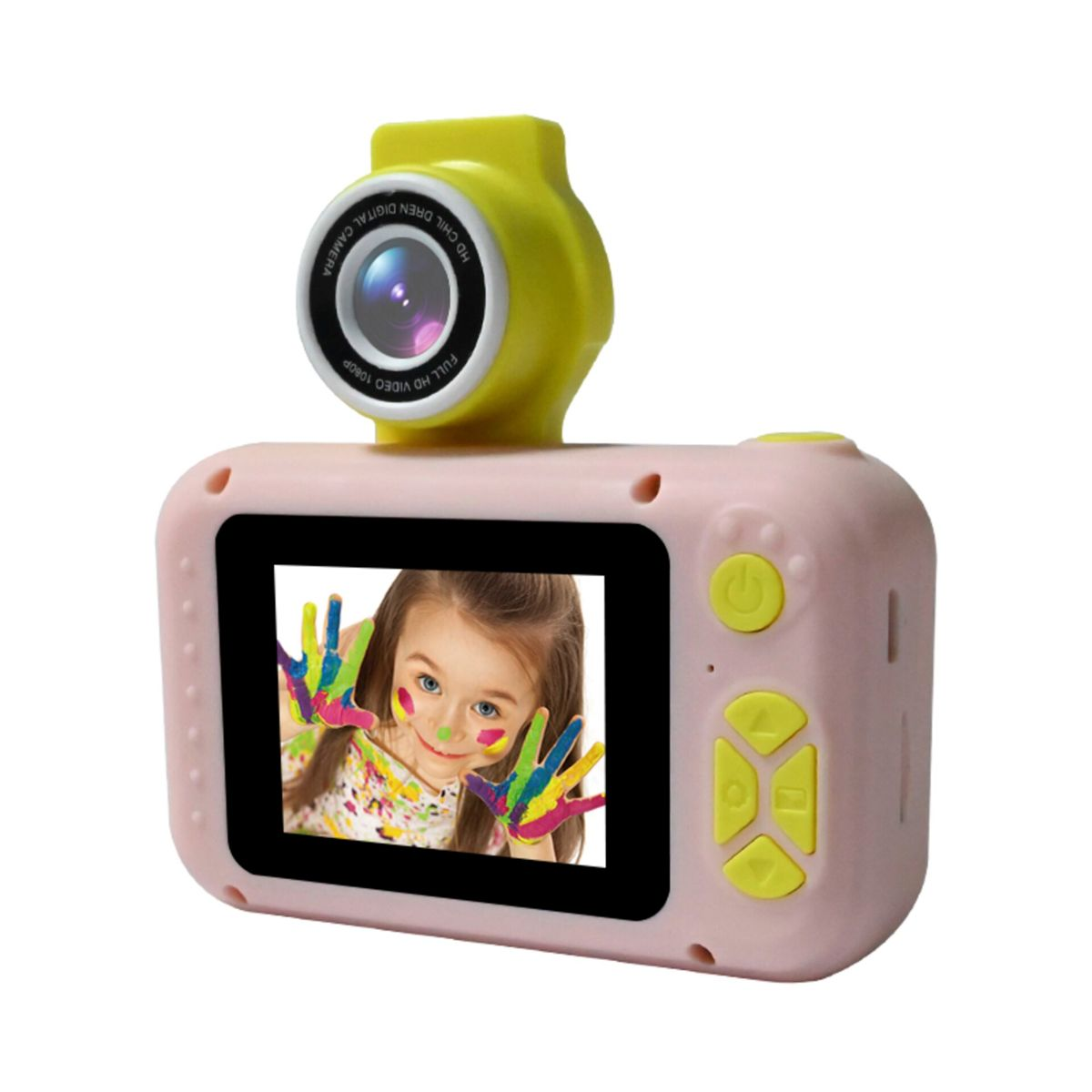 Cámara infantil rosa y amarilla con pantalla mostrando a una niña con manos pintadas.