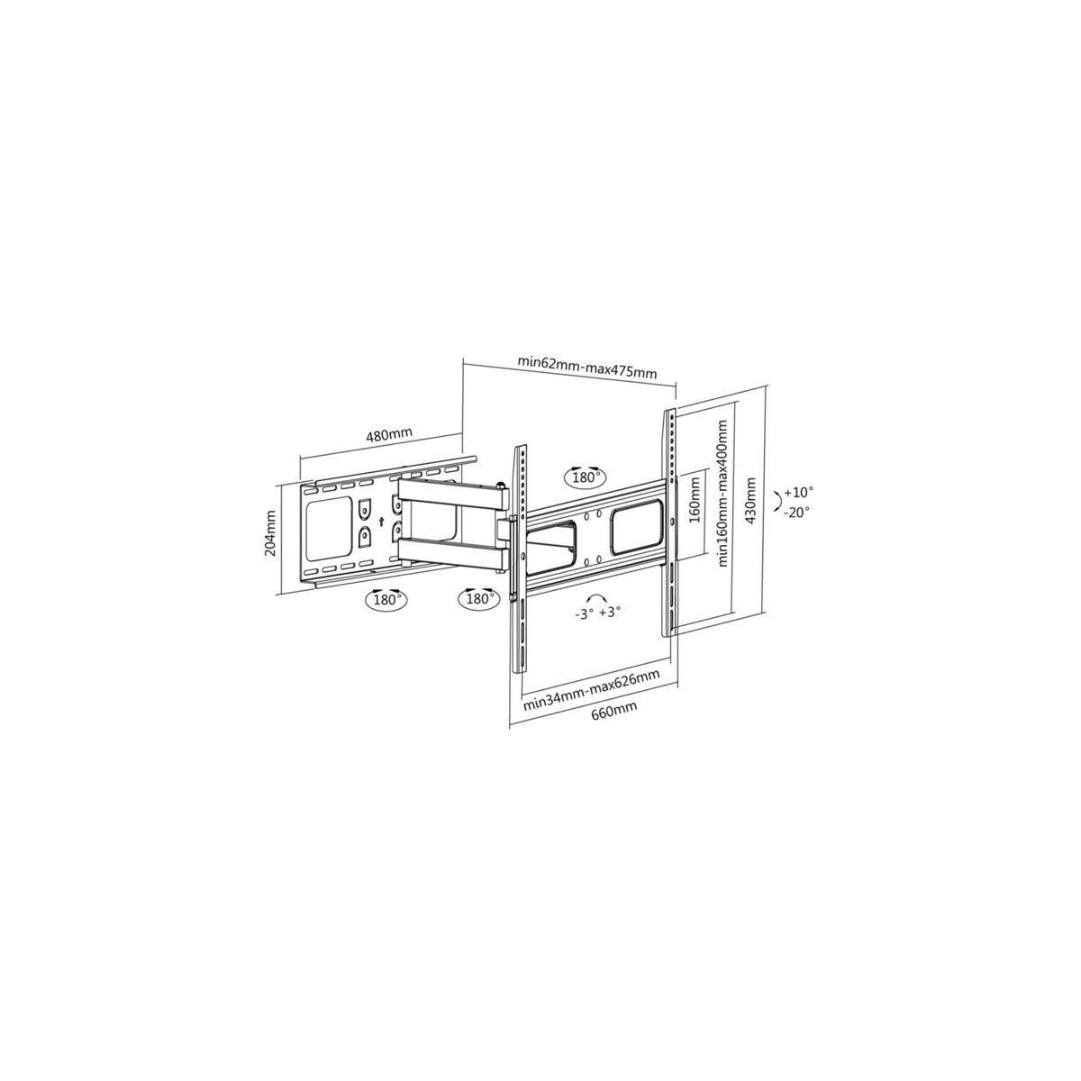 Diagrama de un soporte para un monitor. Incluye medidas y ángulos. Fondo blanco.