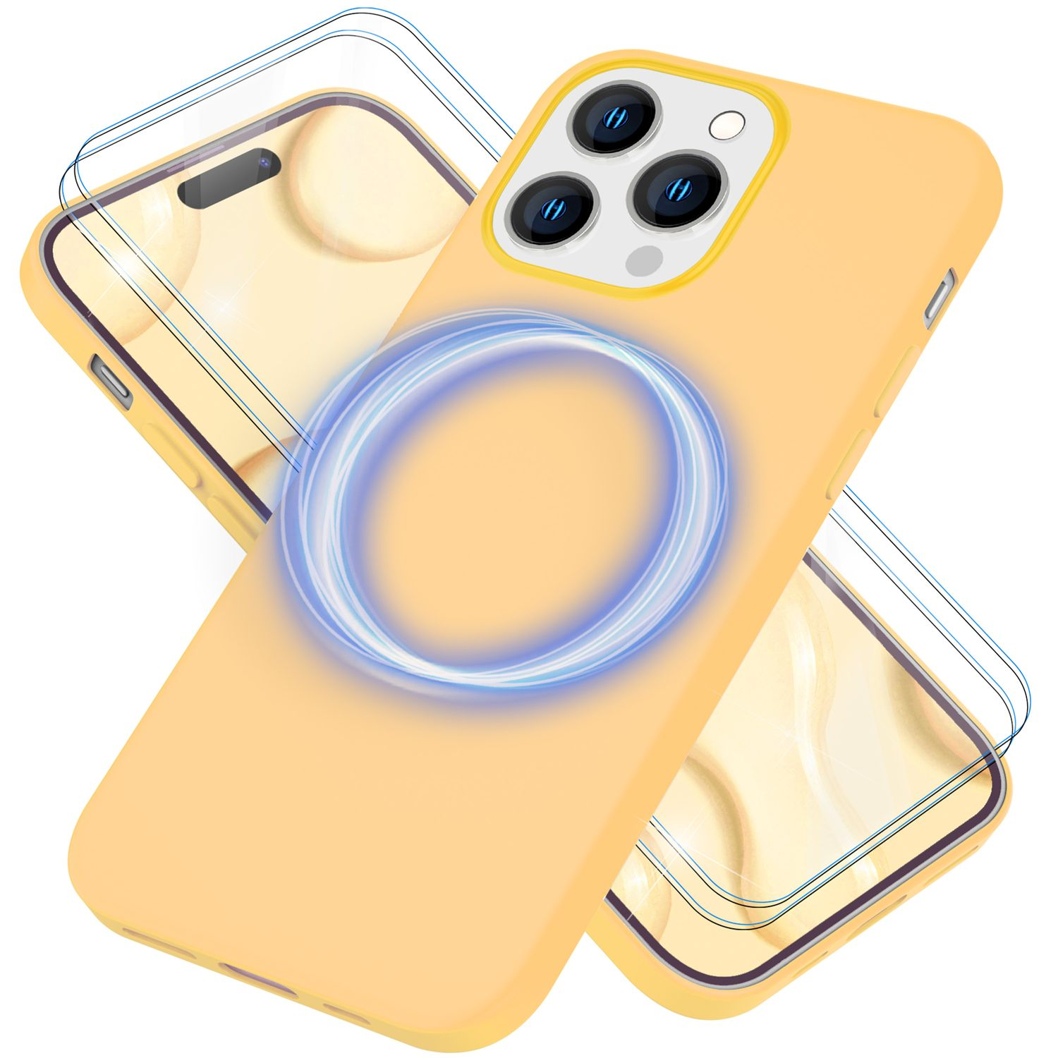Gelbe Handyhülle mit zwei Displayschutzfolien und einem blauen Ring auf der Hülle. Die Hülle ist gelb.