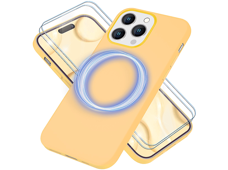 Hülle MagSafe Apple, Silikon Liquid Gelb & Schutzglas, 2x NALIA Display Backcover, Pro, 14 iPhone