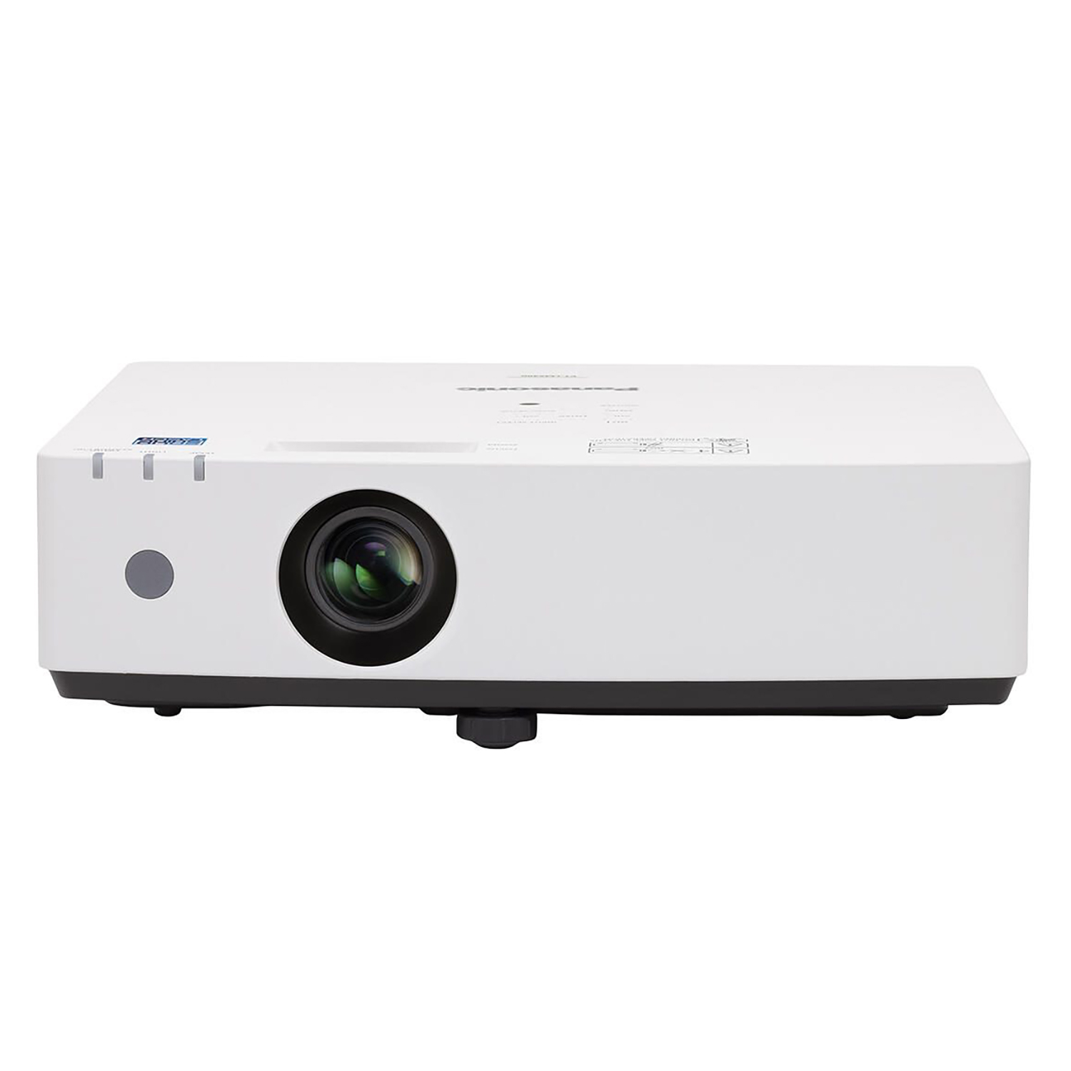 Un proiettore Panasonic bianco con obiettivo e pulsanti, su sfondo bianco.