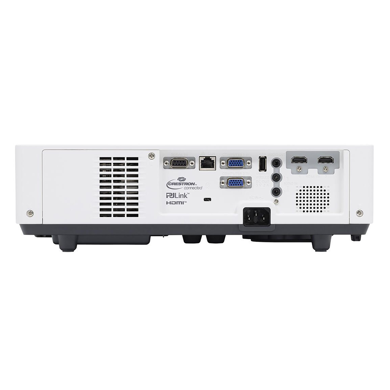 Il retro di un proiettore bianco, che mostra varie porte e connessioni, è posto su uno sfondo bianco liscio.