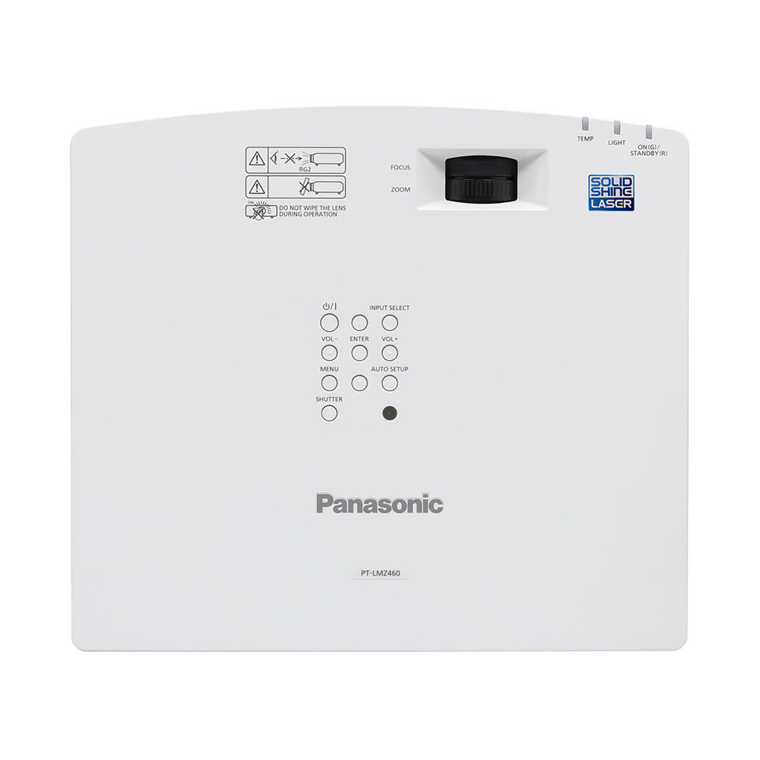 Proiettore Panasonic bianco con vari pulsanti e controlli. Sopra fuoco/zoom e area lente.