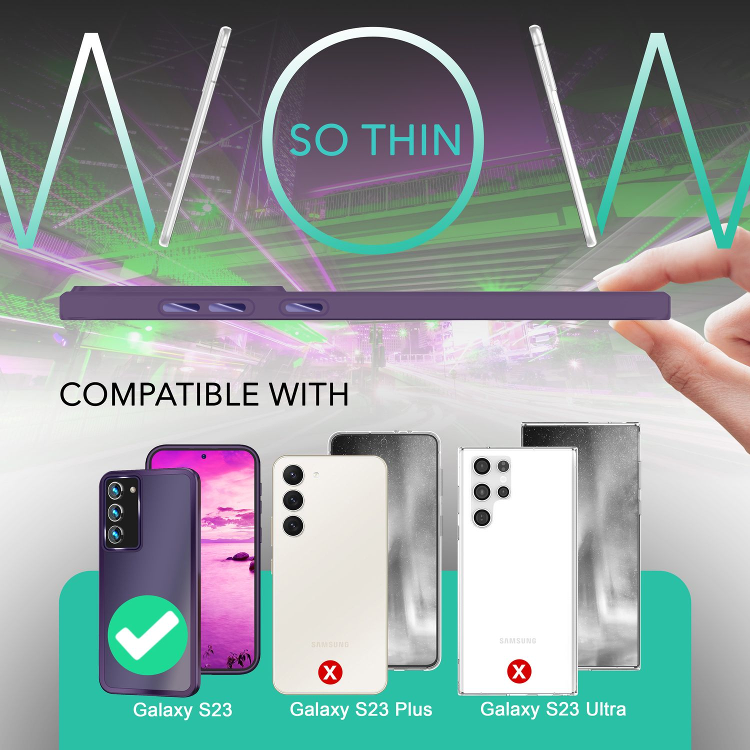 Lila Handyhülle neben Handys. Kompatible Telefone sind Galaxy S23. Andere haben ein X.