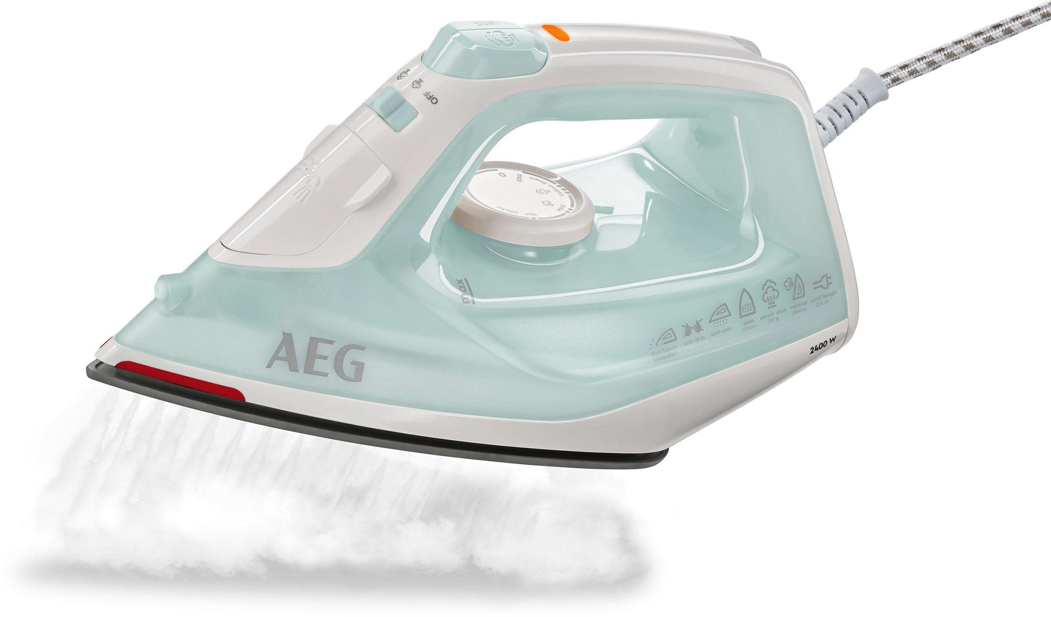 Białe i jasnoniebieskie żelazko z parą, na białym tle.