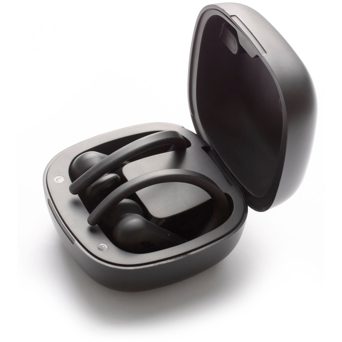 Auricolari wireless neri in una custodia di ricarica nera aperta, su sfondo bianco.