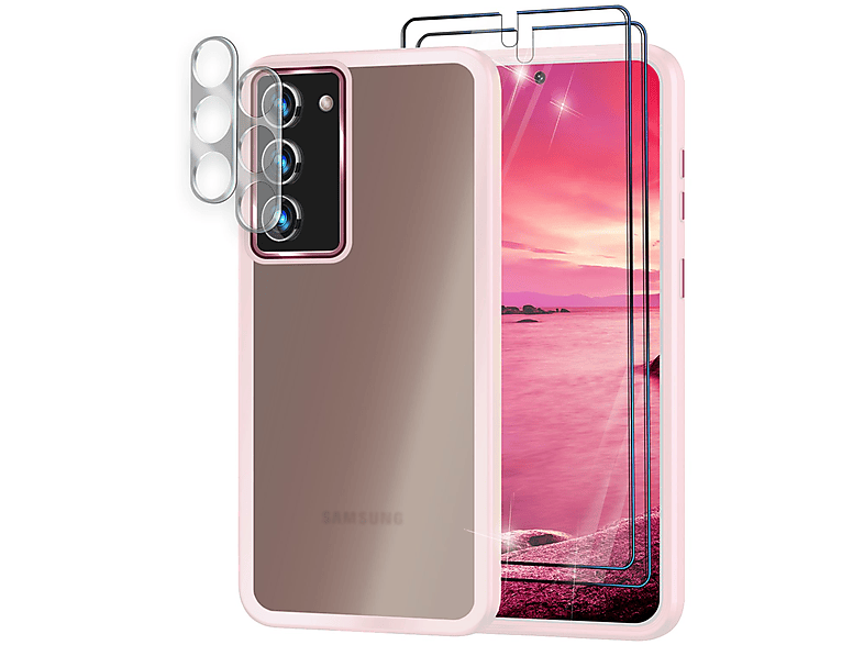 NALIA Hybrid Galaxy mit 2x Backcover, & 2x Kamera-Glas, Rosa Semi-Transparent Display-Schutzglas Hülle S23 Samsung, Plus