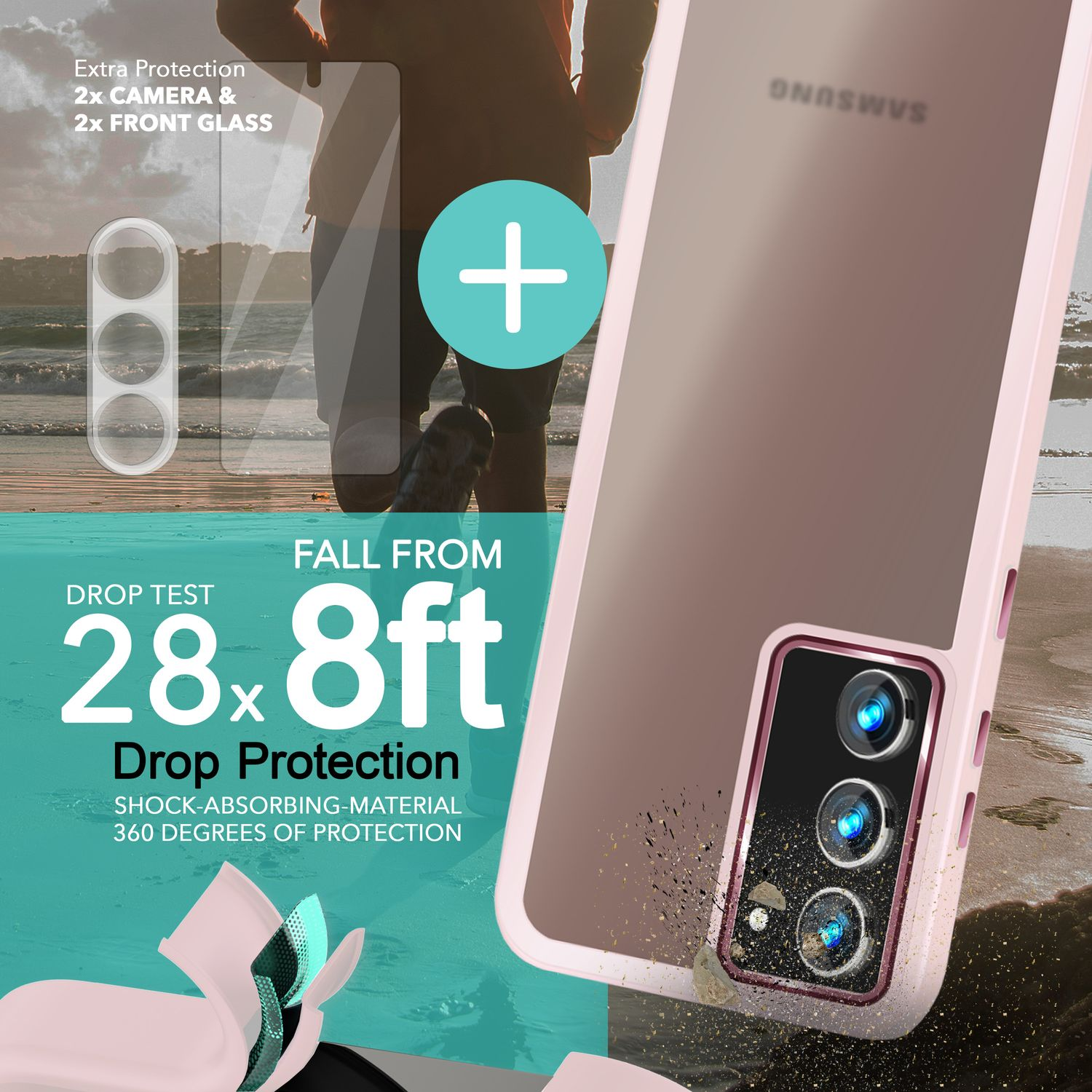 NALIA Hybrid Hülle Semi-Transparent & Rosa 2x Galaxy Kamera-Glas, S23 Backcover, Samsung, mit Display-Schutzglas Plus, 2x