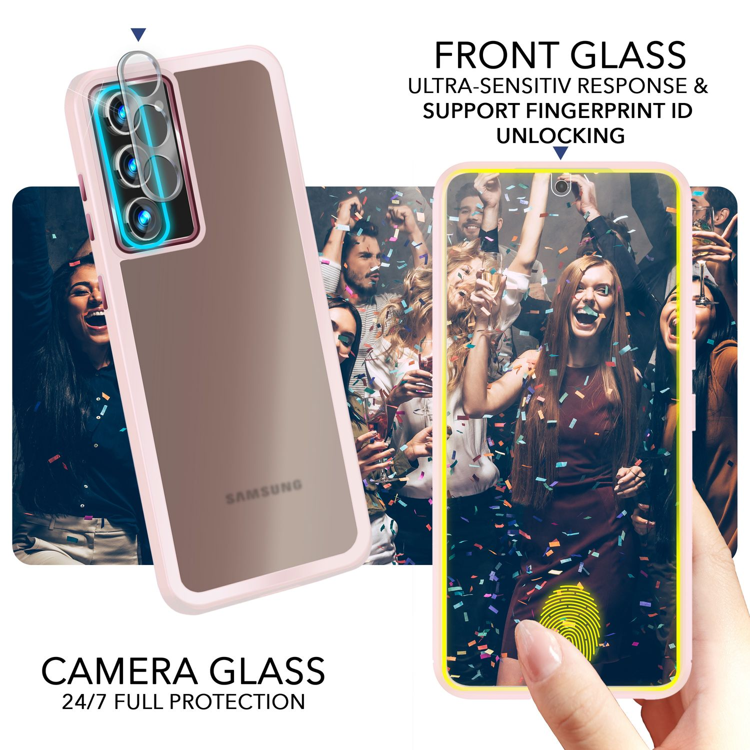 Display-Schutzglas & Hülle Samsung, 2x Galaxy Semi-Transparent Plus, 2x Kamera-Glas, mit Backcover, S23 Hybrid Rosa NALIA