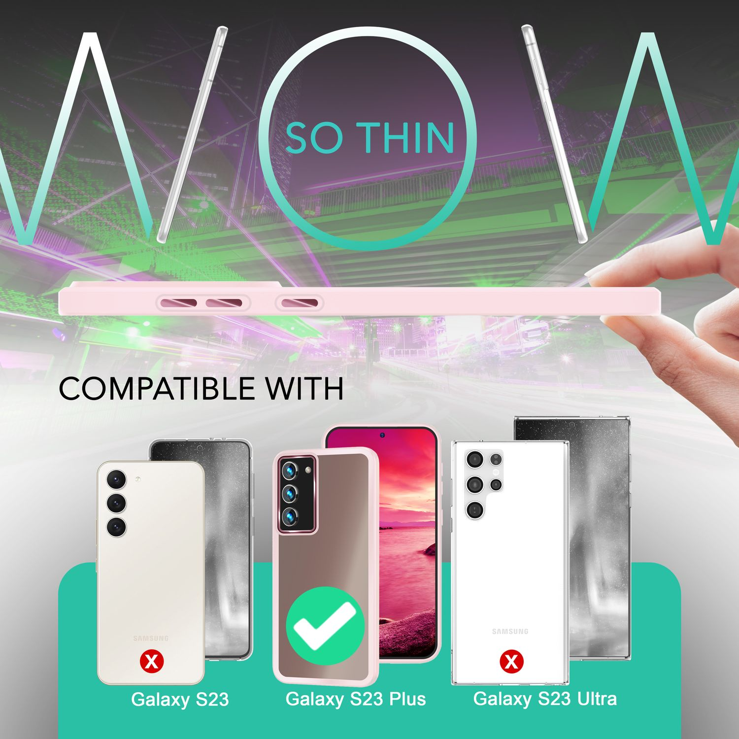 Une coque de téléphone rose avec un téléphone compatible à droite, avec des téléphones Samsung Galaxy à gauche.