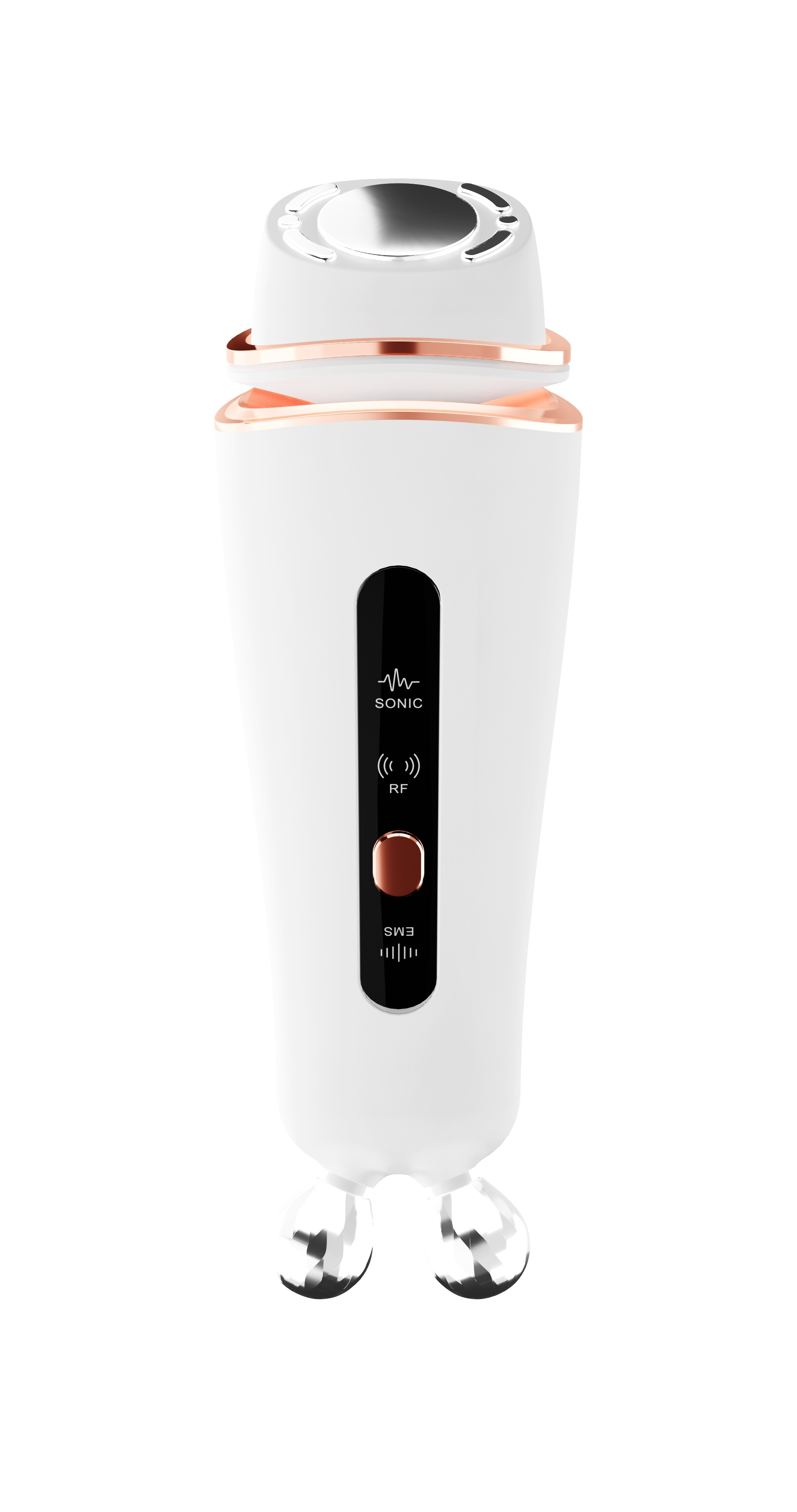 Biały masażer do twarzy ze złotymi akcentami, na białym tle.