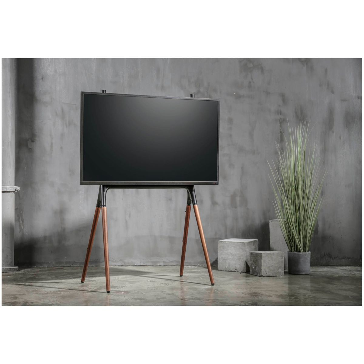 Ein Fernseher auf einem Holzständer mit dunklem Bildschirm vor einer grauen Betonwand. Eine Pflanze im Hintergrund.