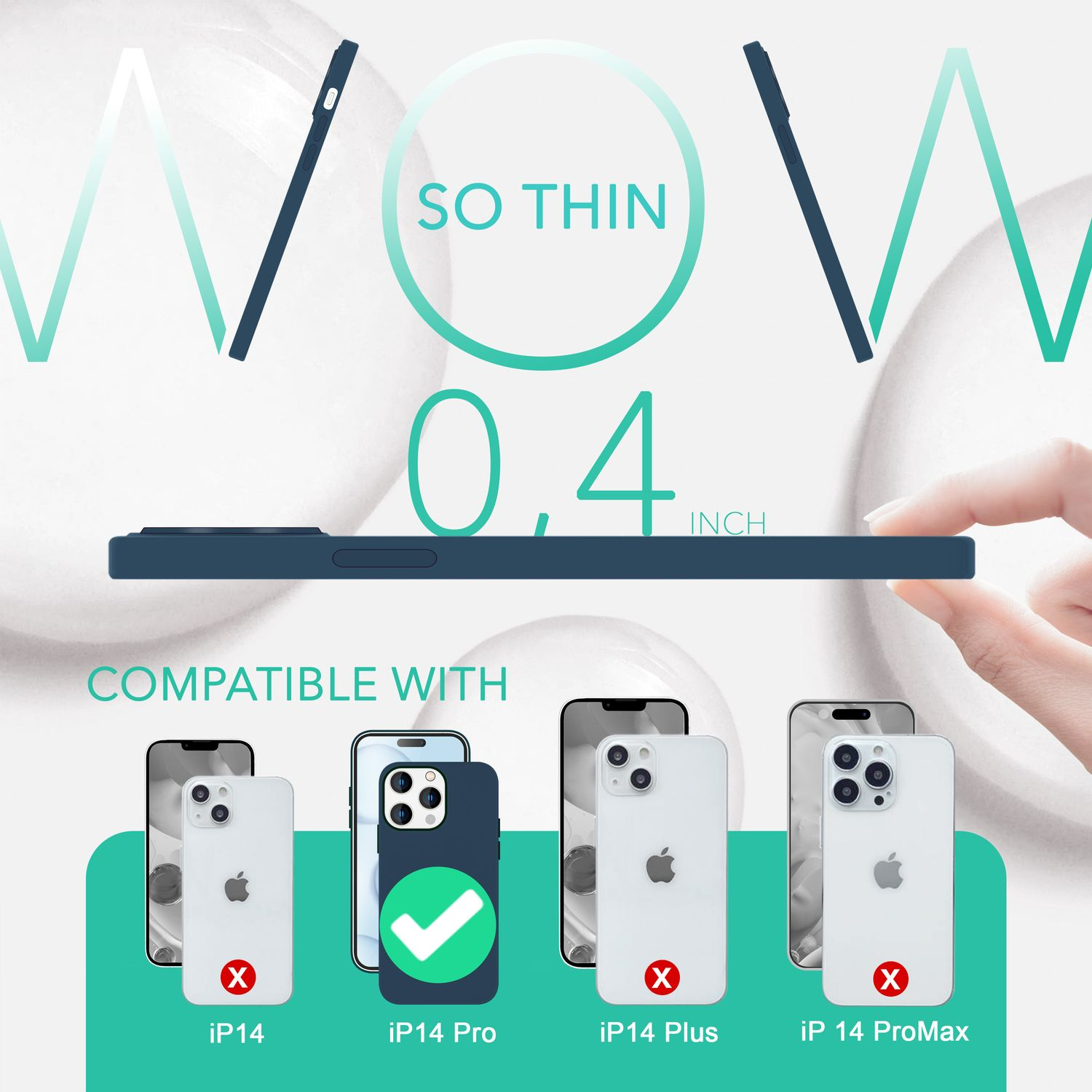 Eine Handyhülle auf Handys. Sie ist mit iP14 Pro kompatibel, andere iPhones sind als inkompatibel markiert.