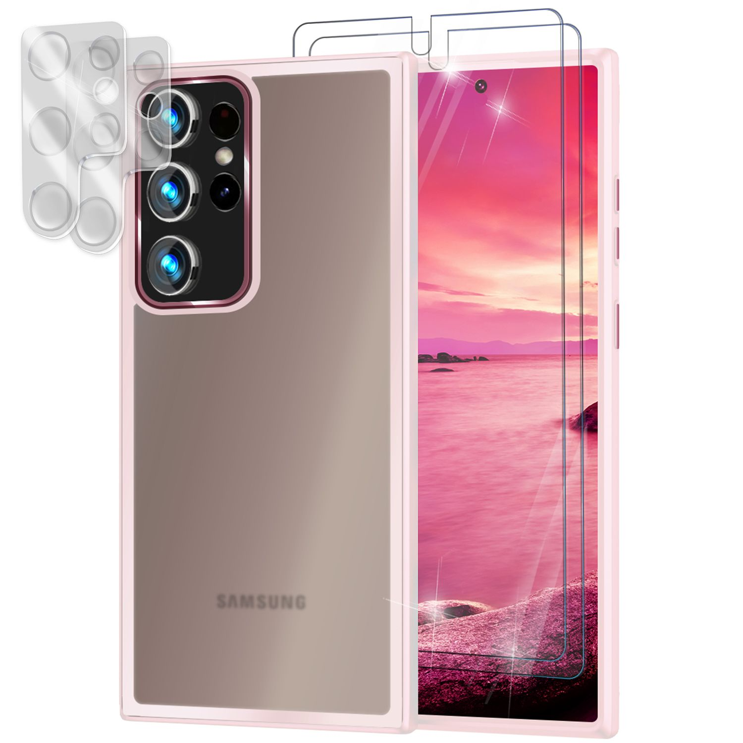 Rosa Handyhülle mit Telefon darin. Inklusive Kamera- und Displayschutz. Weißer Hintergrund.