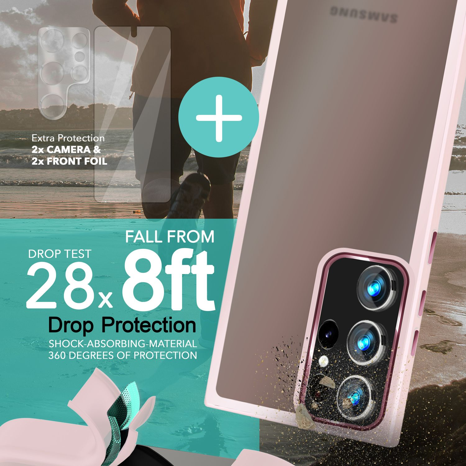 Hülle NALIA Rosa Matte & Semi-Transparent Backcover, Hybrid Kamera-Schutz, mit Display- Samsung, Galaxy Ultra, S23