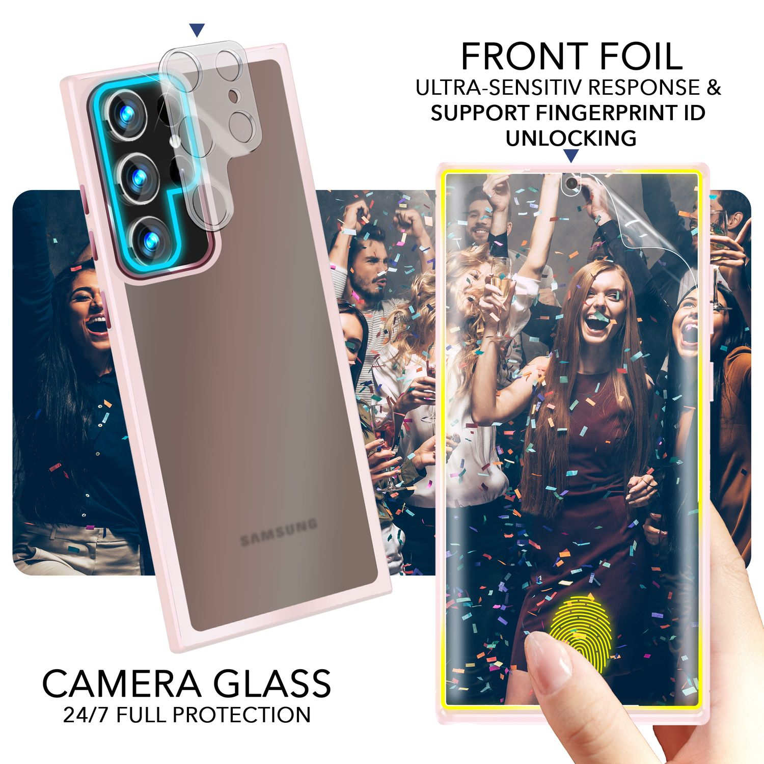 Hülle NALIA Rosa Matte & Semi-Transparent Backcover, Hybrid Kamera-Schutz, mit Display- Samsung, Galaxy Ultra, S23
