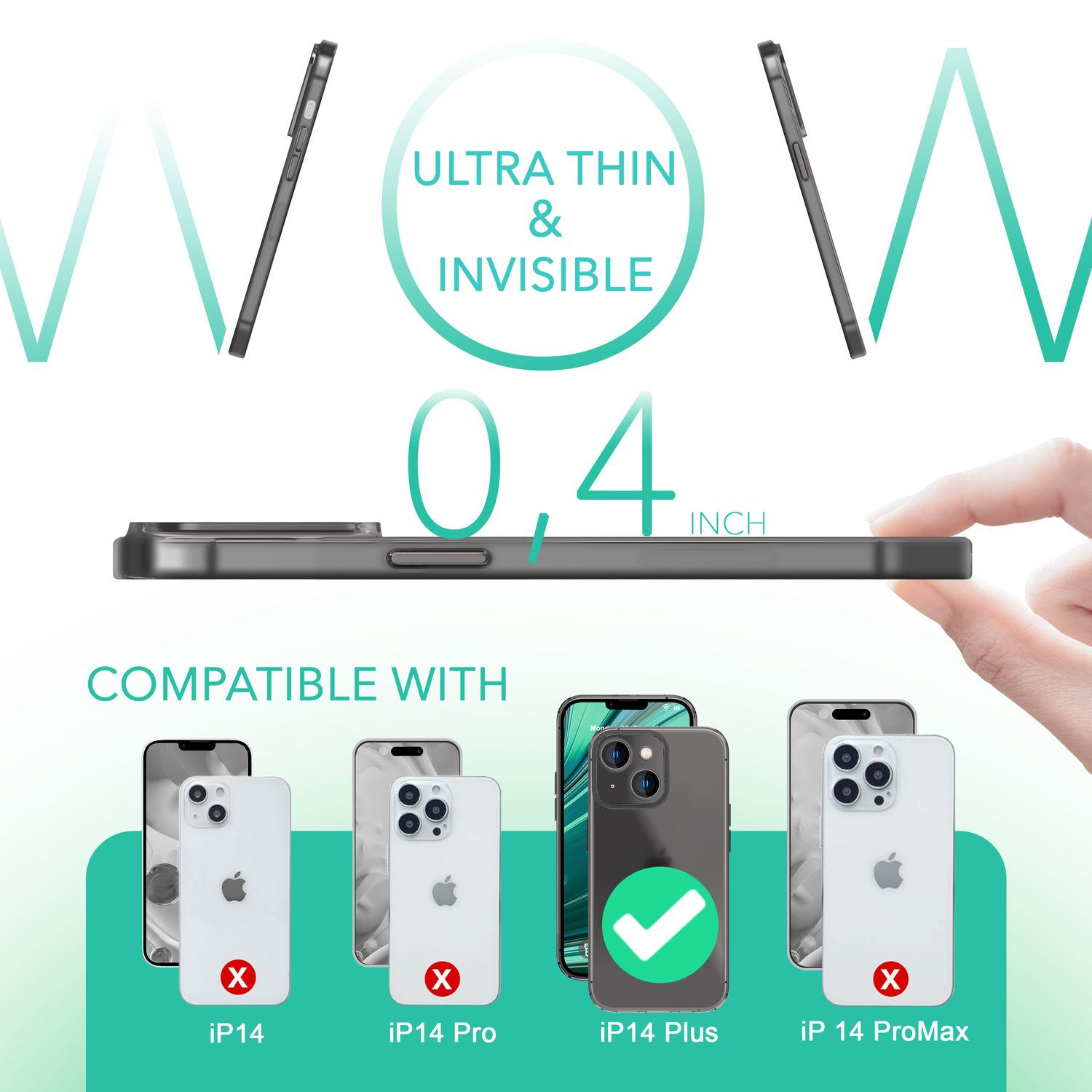 Eine schwarze Handyhülle mit mehreren Telefonmodellen, wobei das IP14 Plus-Modell als kompatibel markiert ist.