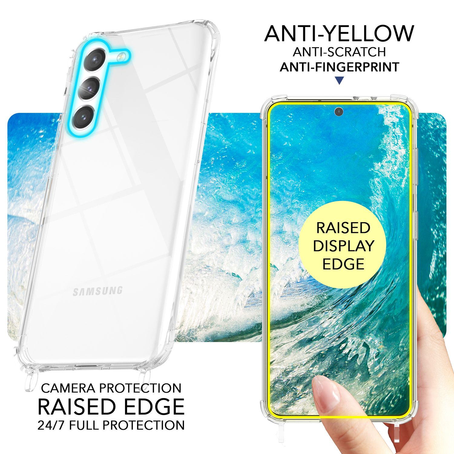 Transparente Handyhülle über einem Samsung-Telefon. Sie hat einen erhöhten Rand und ist anti-gelb, kratz- und fingerabdruckfest.