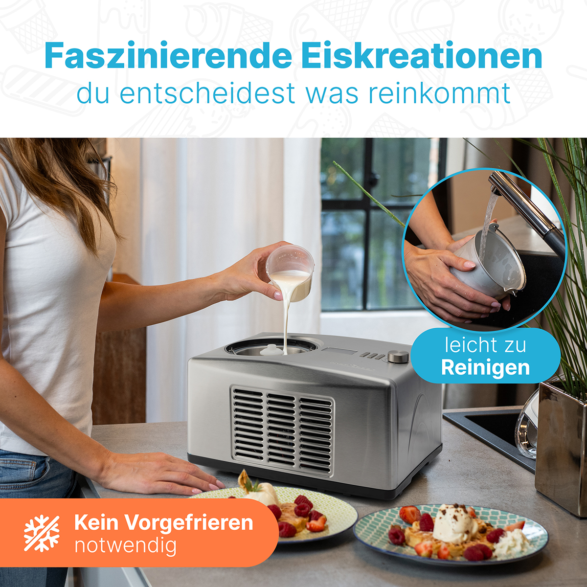 Eine Frau gießt Flüssigkeit in eine Eismaschine. Teller mit Essen sind im Vordergrund.