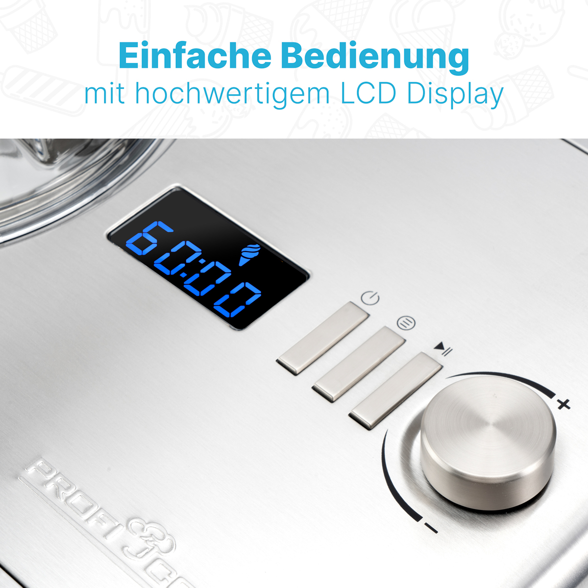 Nahaufnahme des Bedienfelds eines Eisbereiters. Es zeigt 60:00 in Blau und hat Knöpfe und einen Drehregler.