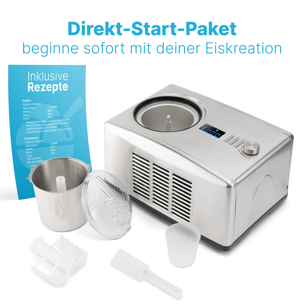 Eismaschine mit Zubehör und Text auf weißem Hintergrund. Silber und weiß.