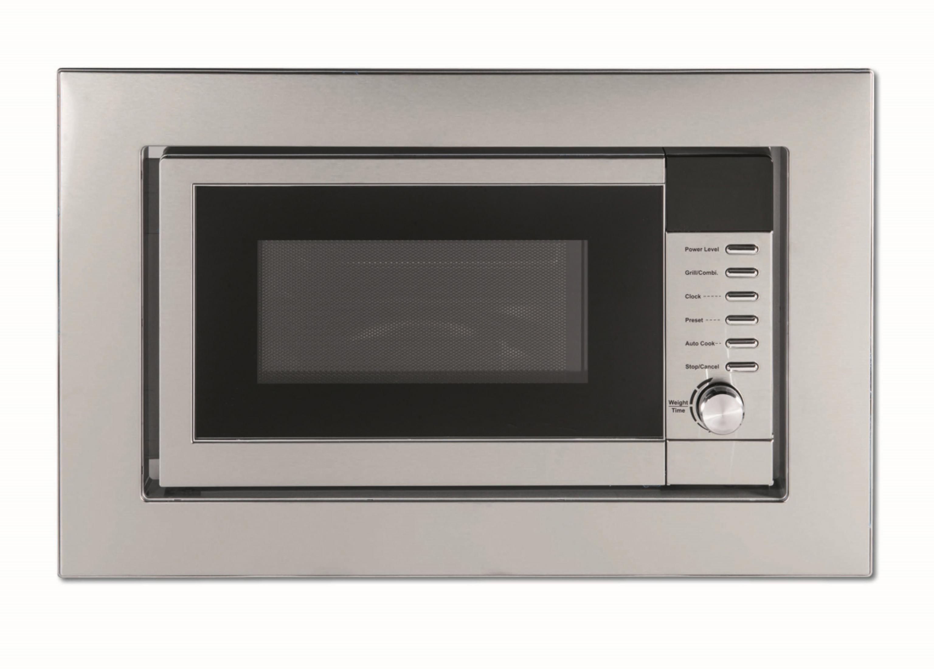 Wbudowana kuchenka mikrofalowa. Srebrna rama z czarnymi szklanymi drzwiami, elementy sterujące po prawej stronie.