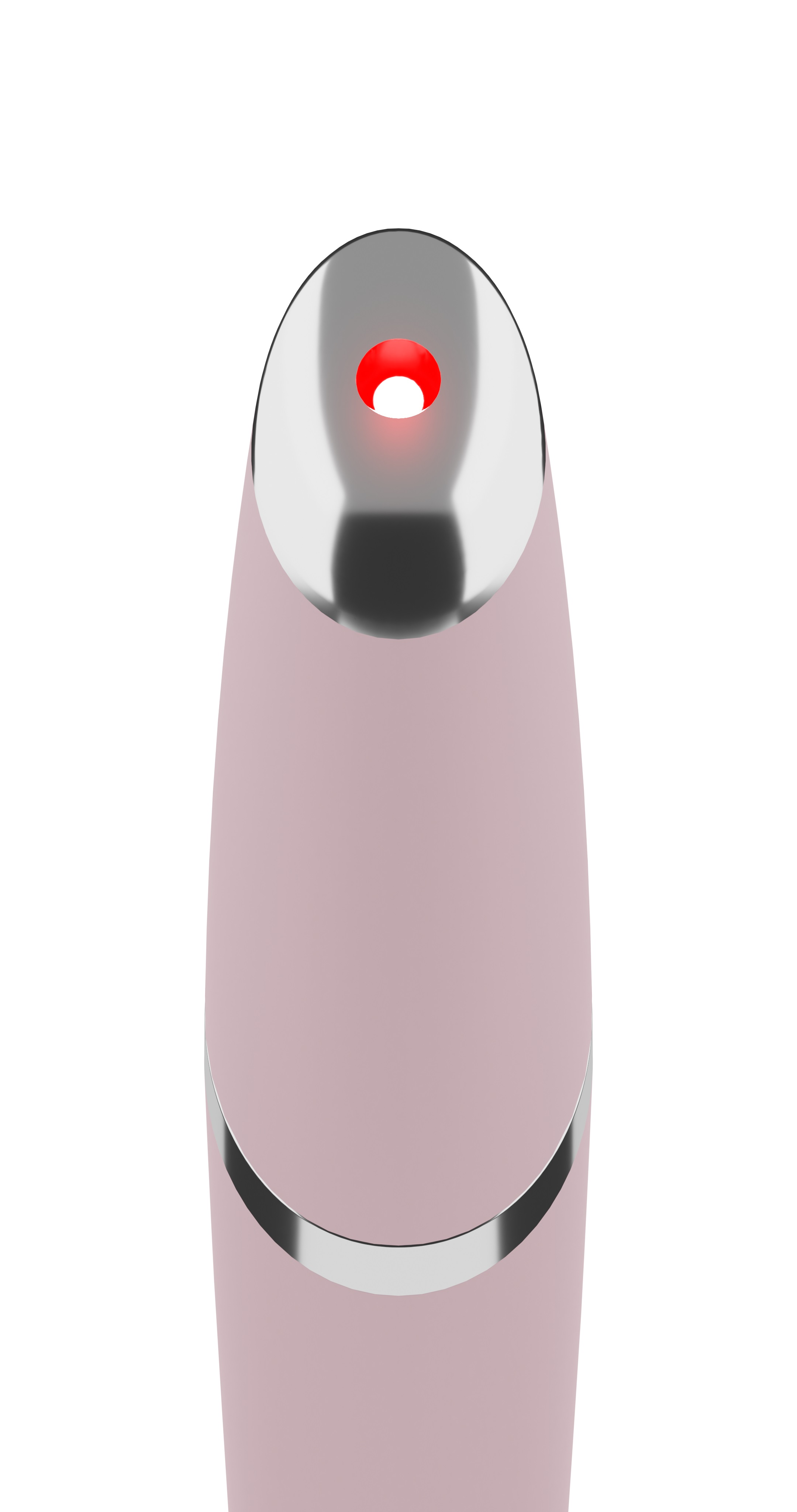 Nahaufnahme eines Schönheitsgeräts. Es ist rosa, mit silberner Spitze und rotem Licht.