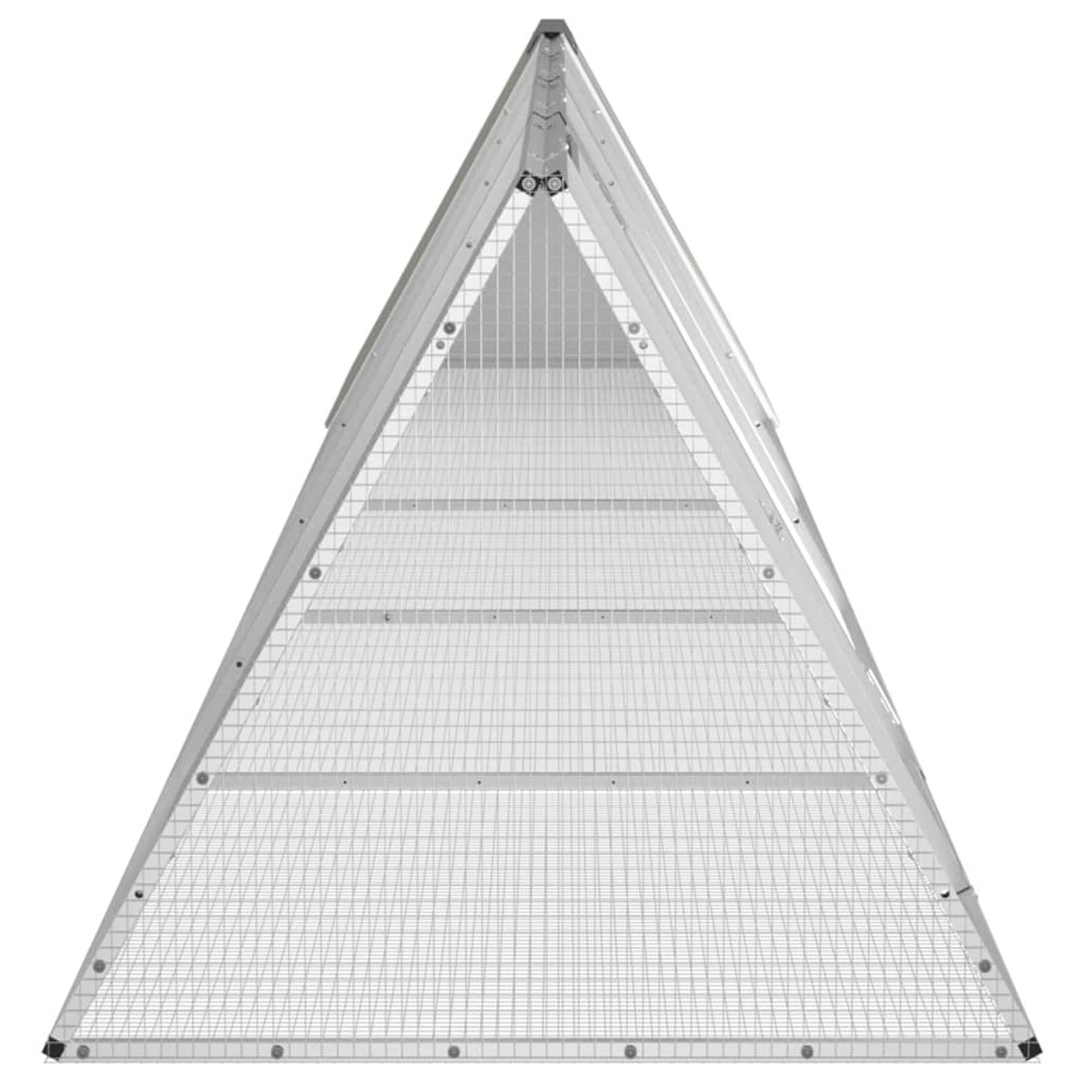 Ein dreieckiger Metallrahmen, möglicherweise für ein Gewächshaus oder eine Gartenstruktur.