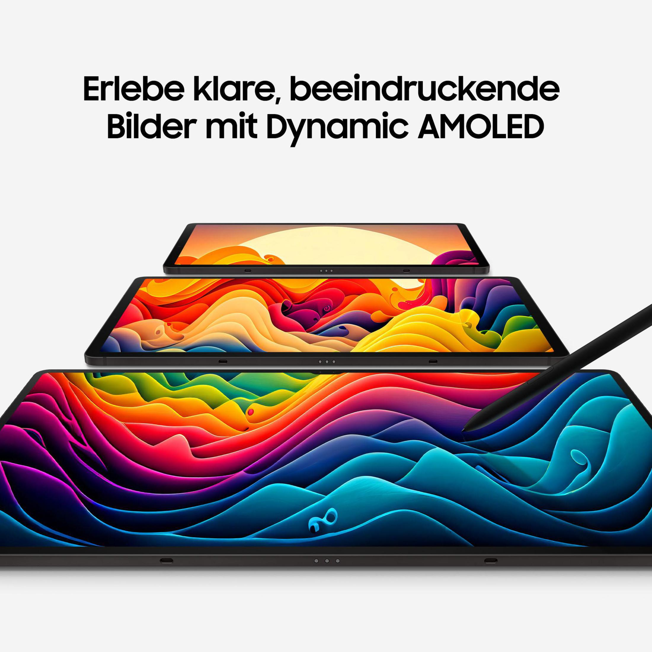 Tablety w rzędzie wyświetlające kolorowe obrazy, z tekstem promującym wyświetlacz Dynamic AMOLED.