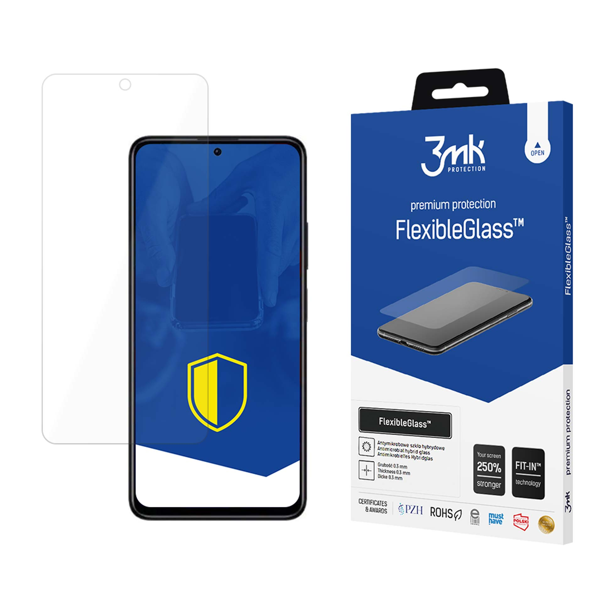 Telefono, protezione schermo e scatola. Telefono mostra scudo giallo e blu.