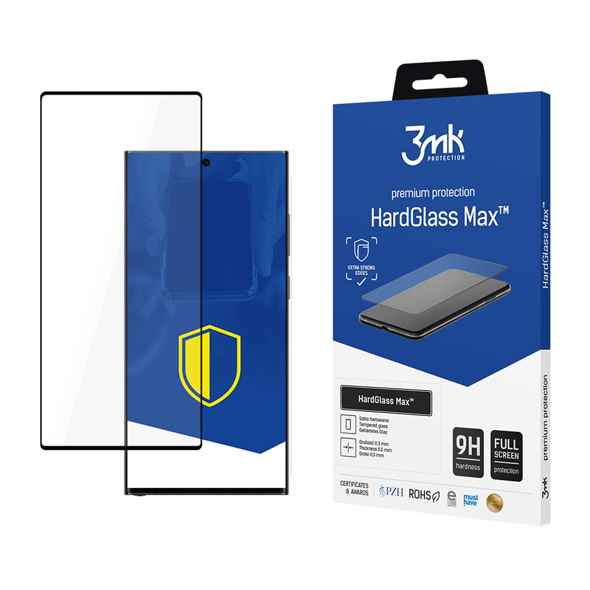 Ochraniacz ekranu i jego opakowanie. Opakowanie przedstawia telefon z tarczą i żółtym logo.