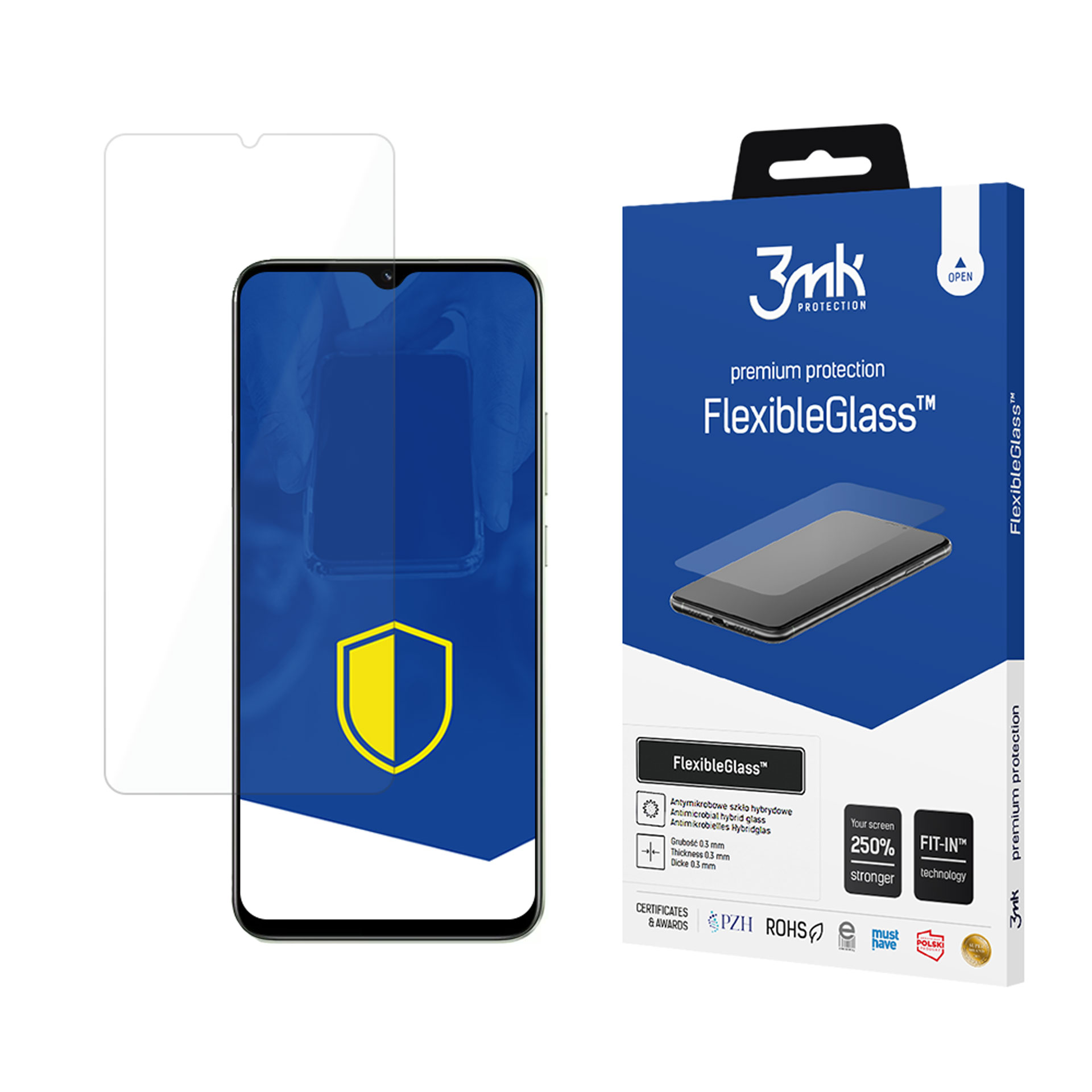 Afbeelding toont een telefoon met een schermbeschermer naast een doos. De doos toont het merk FlexibleGlass.