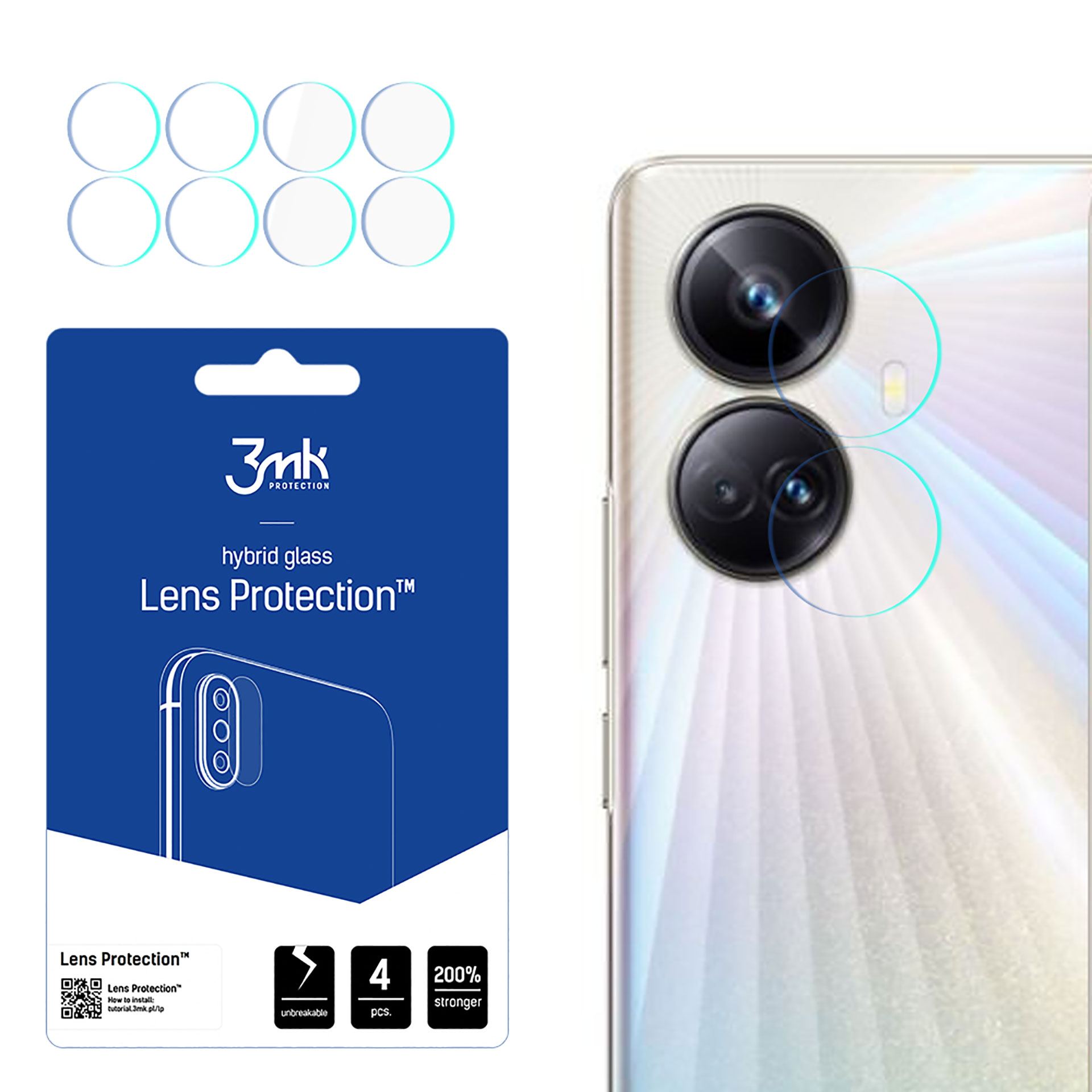 L'immagine mostra protezioni per lenti del telefono, confezione e un telefono. La confezione è blu con testo e immagini bianche.