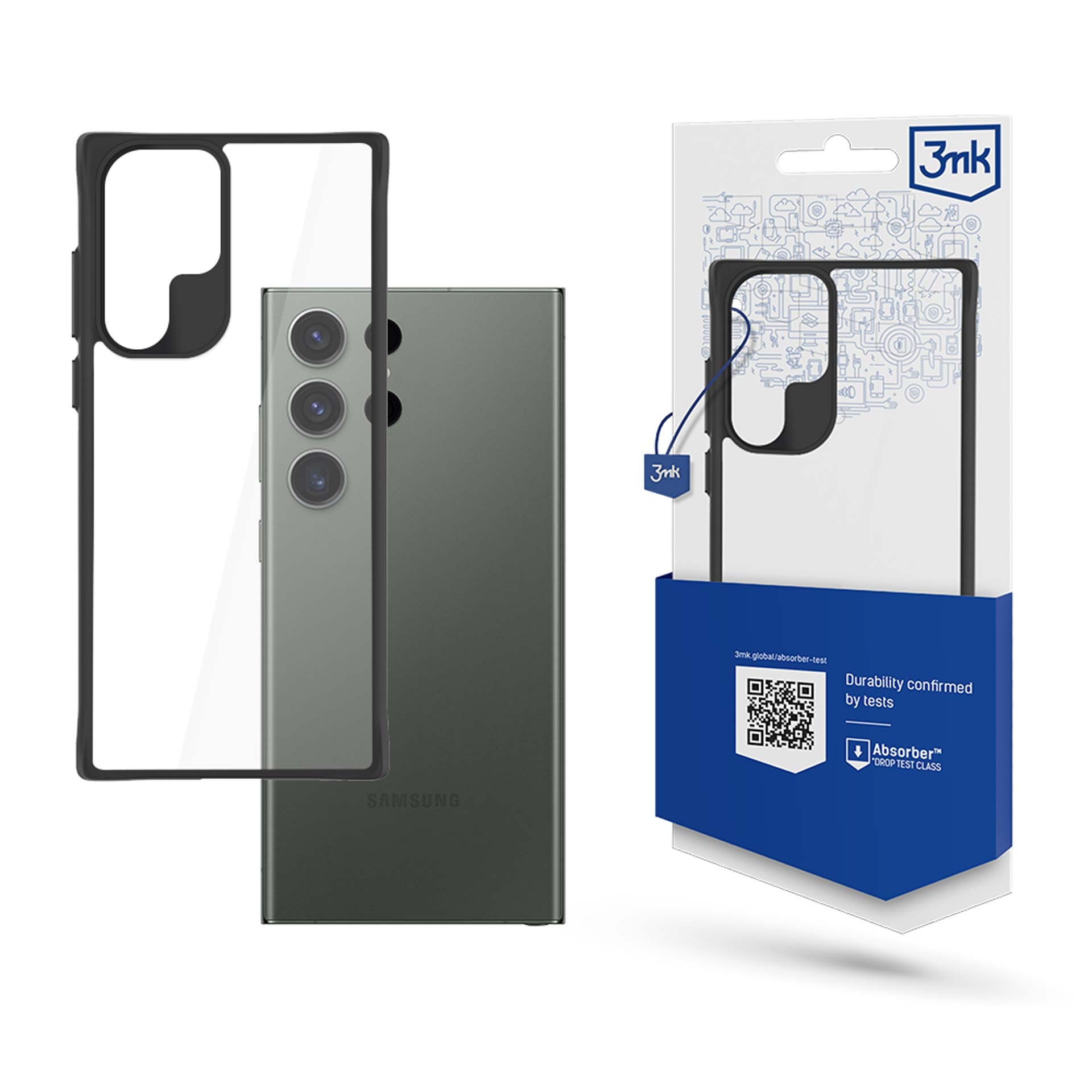 Telefon i czarne etui z opakowaniem produktu.