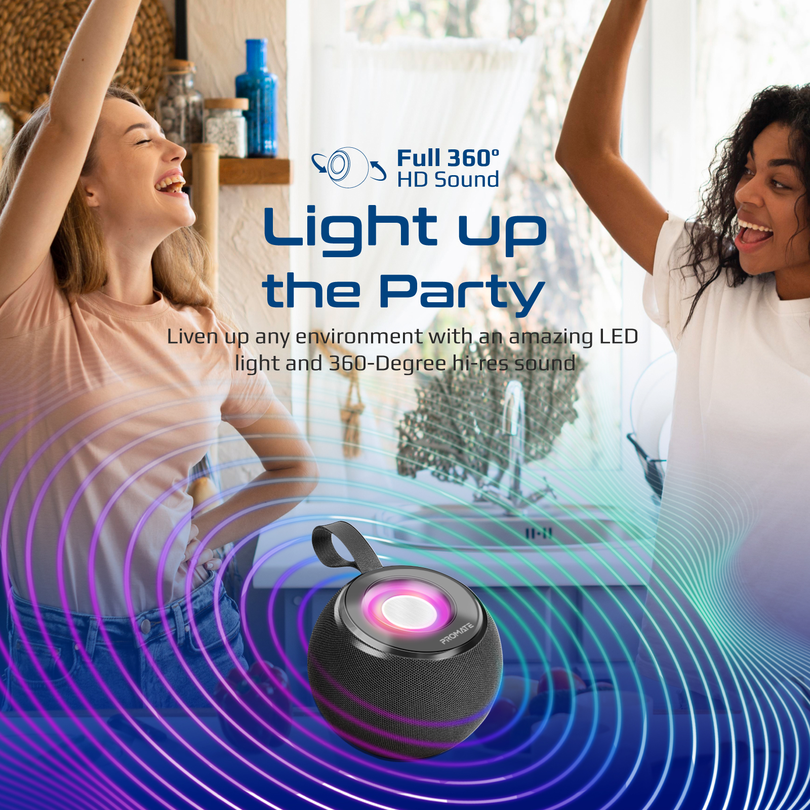 Dos mujeres bailando cerca de un altavoz negro, con efecto de luz de fiesta.