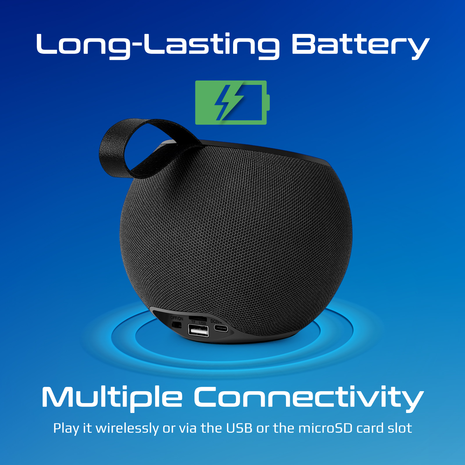 Altavoz portátil negro con texto: 'Long-Lasting Battery' y 'Multiple Connectivity'.