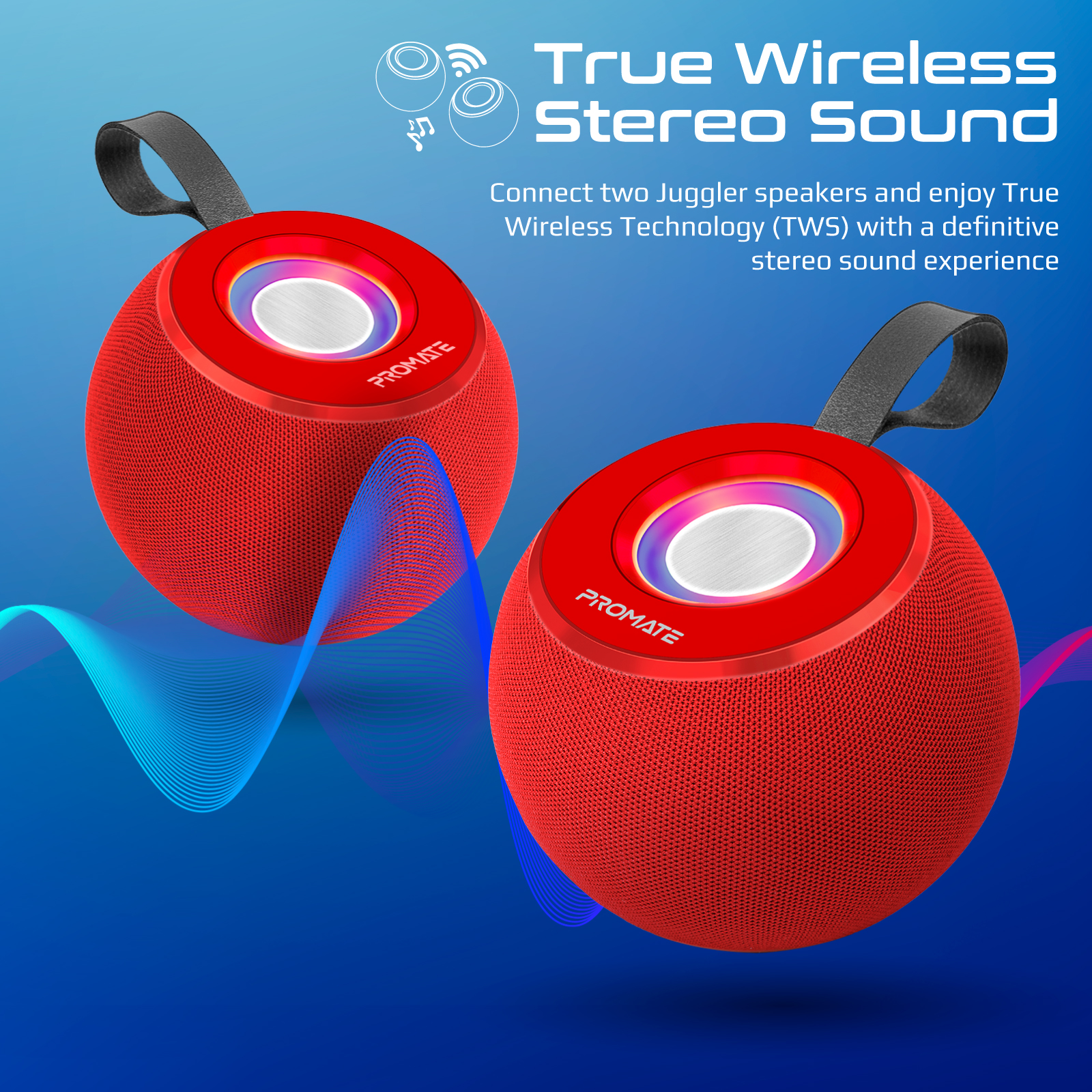 Dos altavoces rojos con asa negra y ondas azules. Los altavoces tienen una luz.