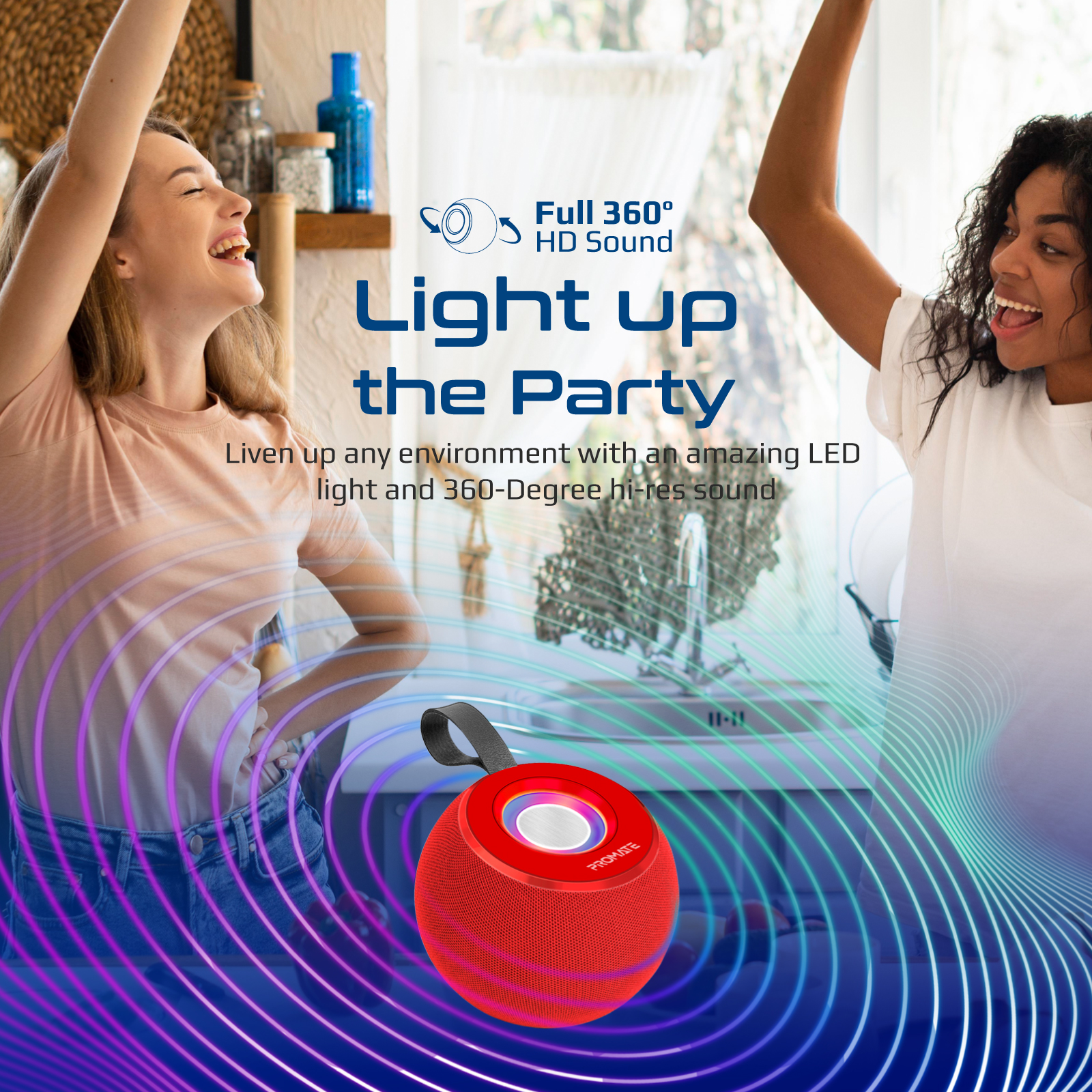 Dos mujeres bailando junto a un altavoz rojo y circular. Las luces crean un ambiente de fiesta.