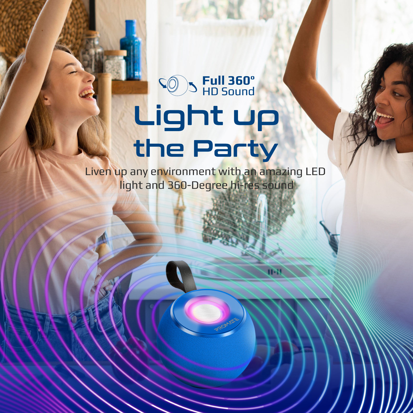 Dos mujeres bailando cerca de un altavoz, con luces coloridas y el texto 'Light up the Party'.