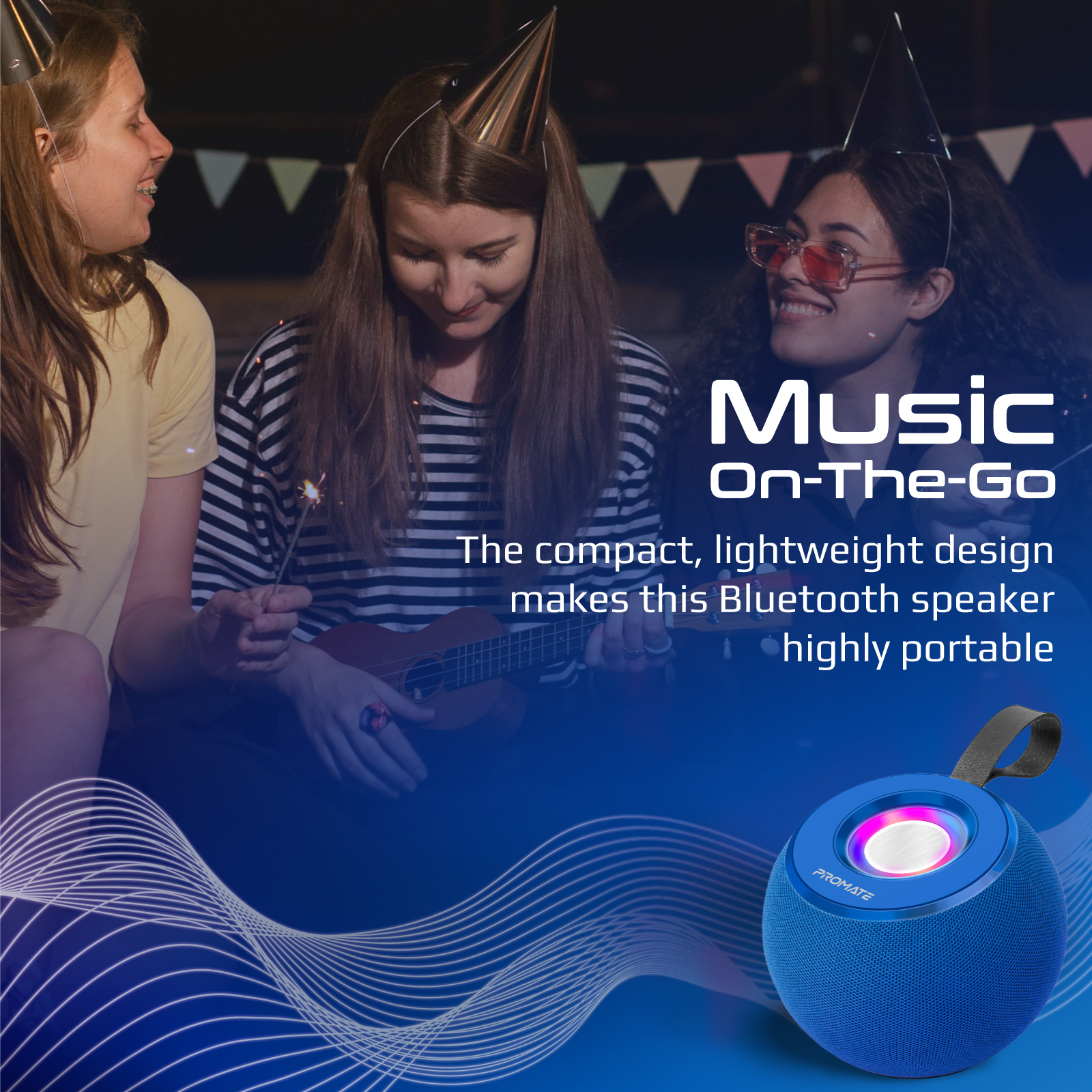 Un altavoz bluetooth con gente al fondo. El altavoz es azul y tiene un asa.