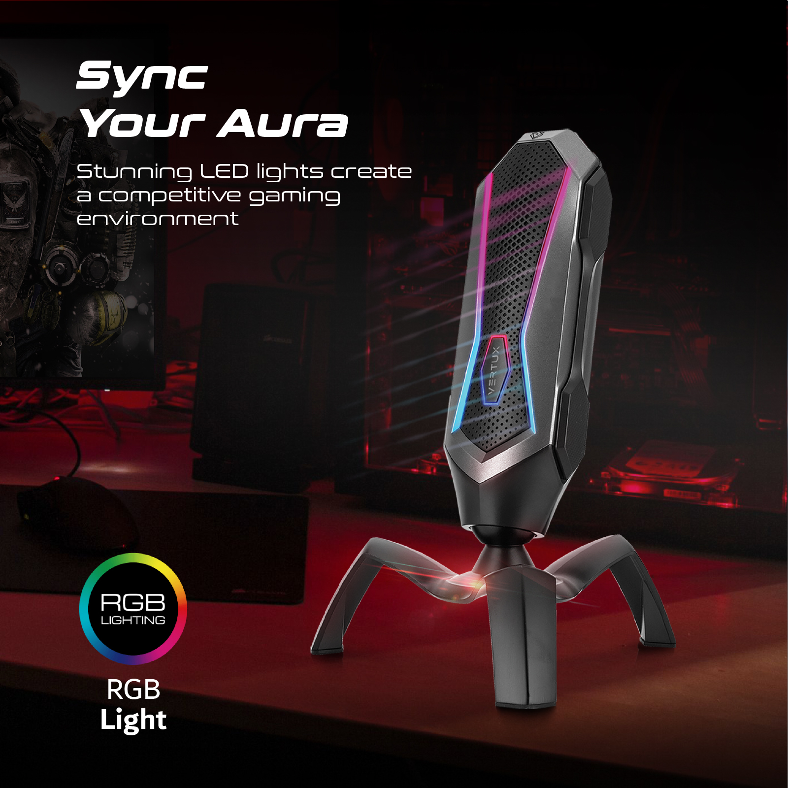 Microfono da gioco su supporto, con illuminazione RGB e sovrapposizione di testo.
