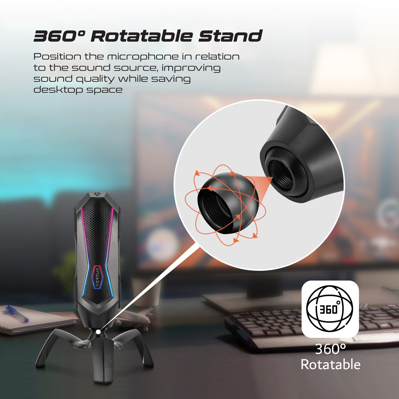Un microfono nero con supporto girevole a 360°. Un primo piano della testa del microfono.