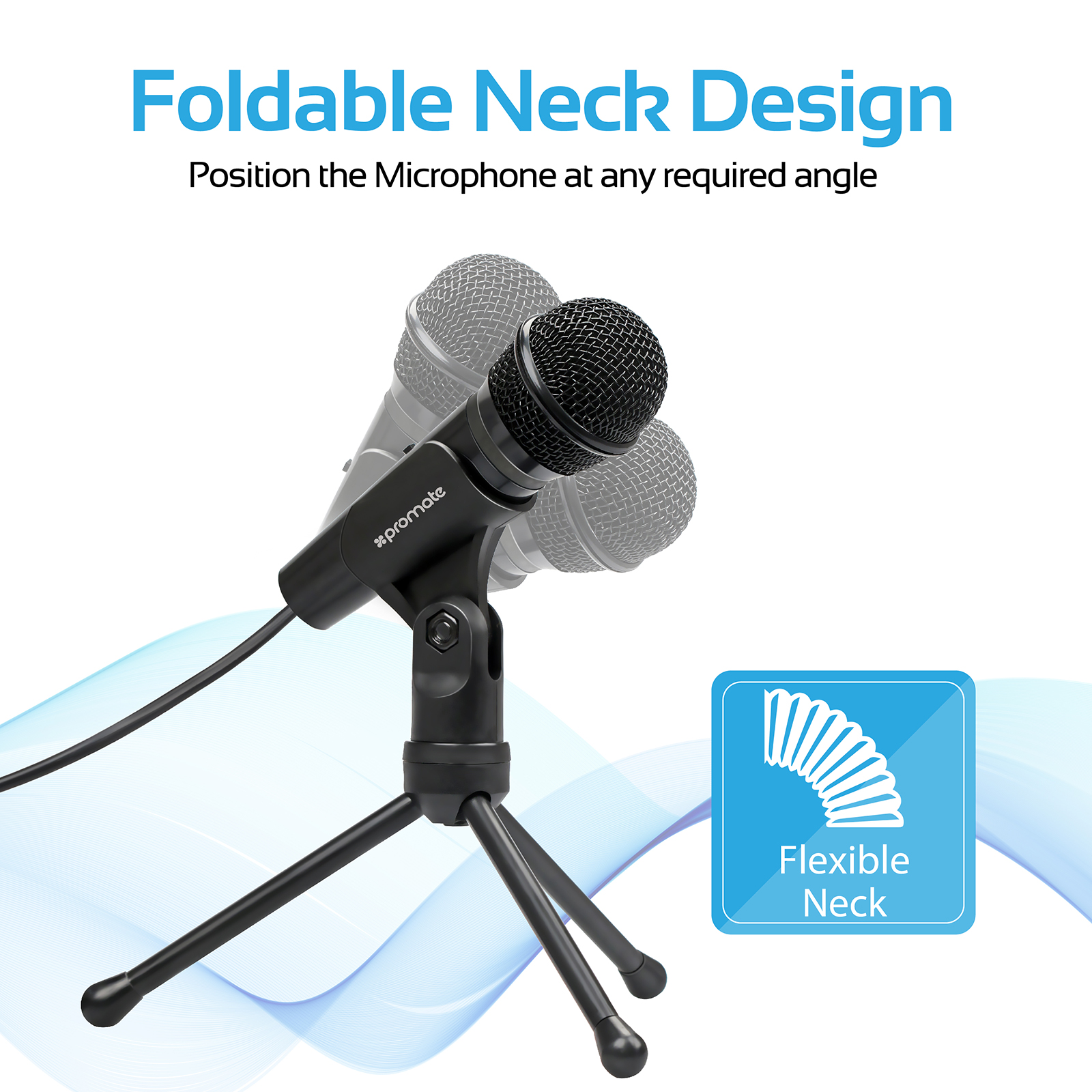 Un micrófono negro en un soporte con cuello flexible, y un gráfico azul que dice 'Flexible Neck'.