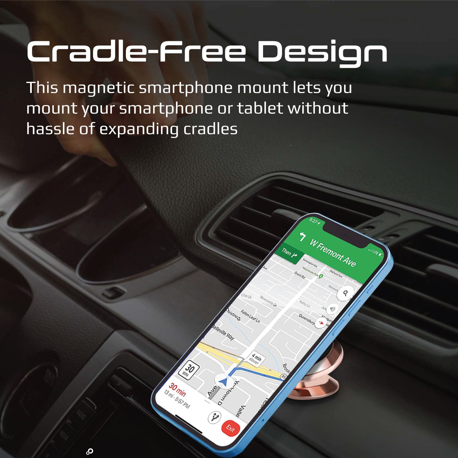Smartphone en salpicadero con app de mapas, texto: Diseño sin cuna.