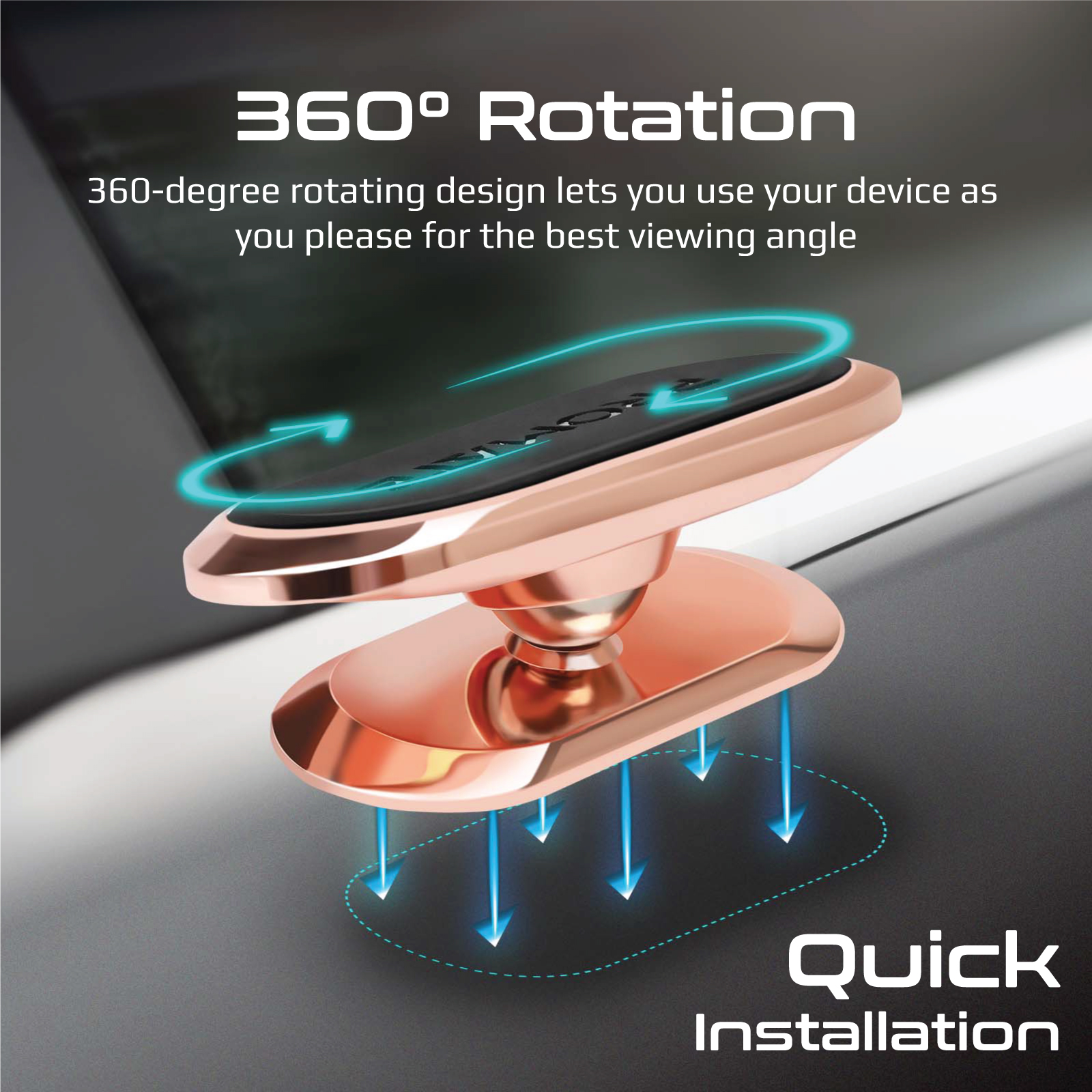 Un soporte para teléfono de coche oro rosa con flechas azules que indican rotación de 360°.