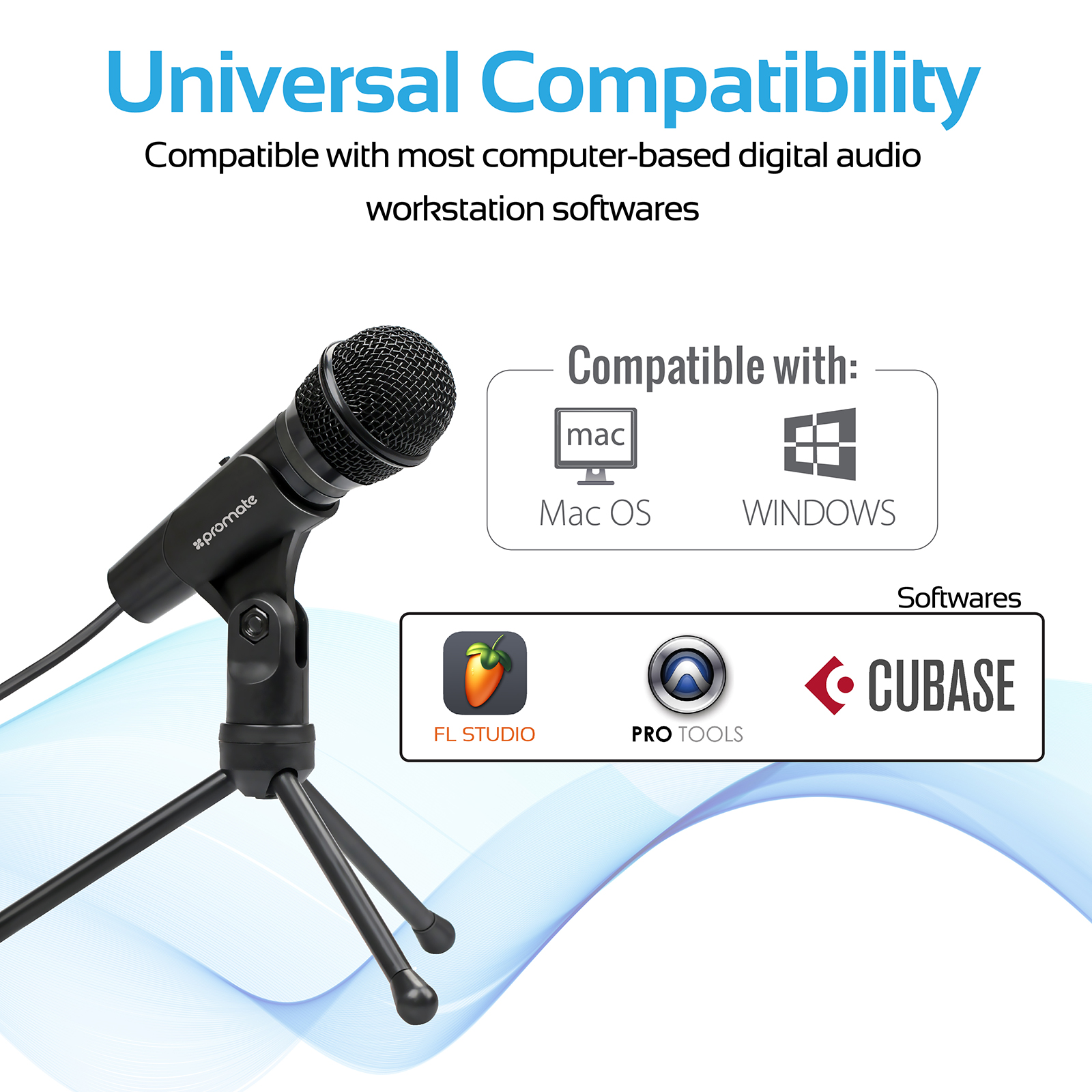 Micrófono negro sobre trípode con texto sobre compatibilidad de software.