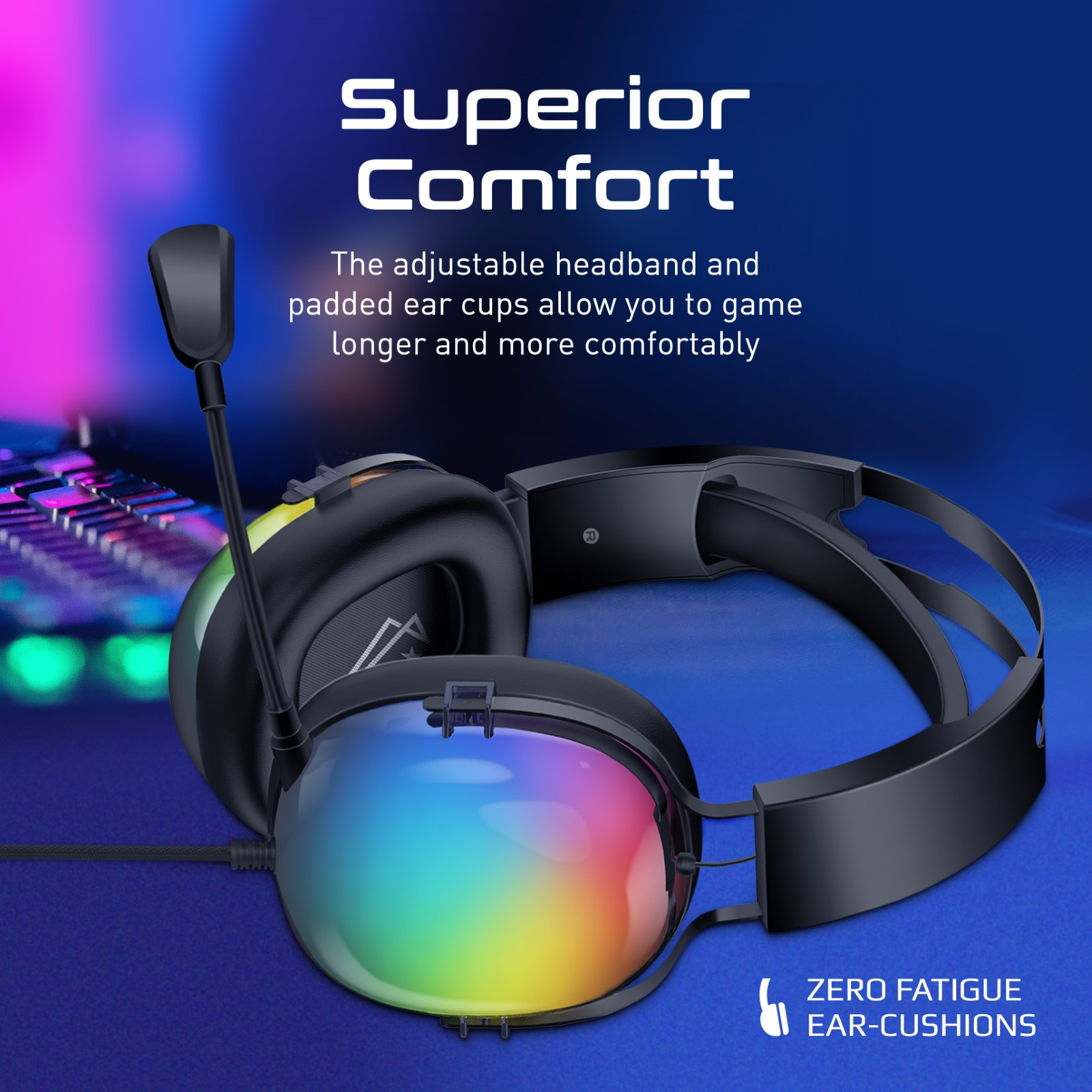 Auriculares negros con micrófono. Los auriculares tienen un efecto de gradiente arcoíris. Texto en la imagen.