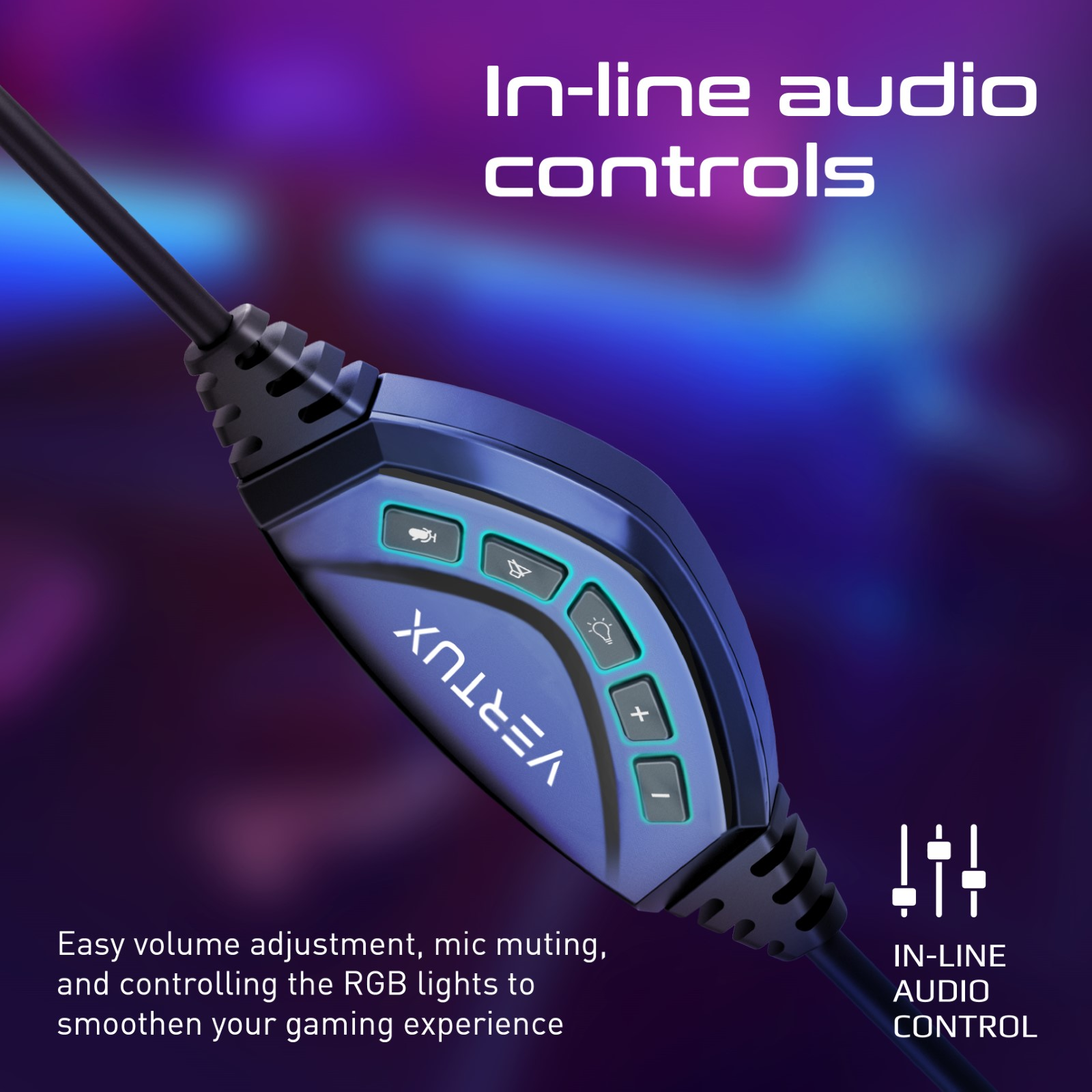 Primer plano de controles de audio en línea con botones y controles de volumen, superposición de texto.